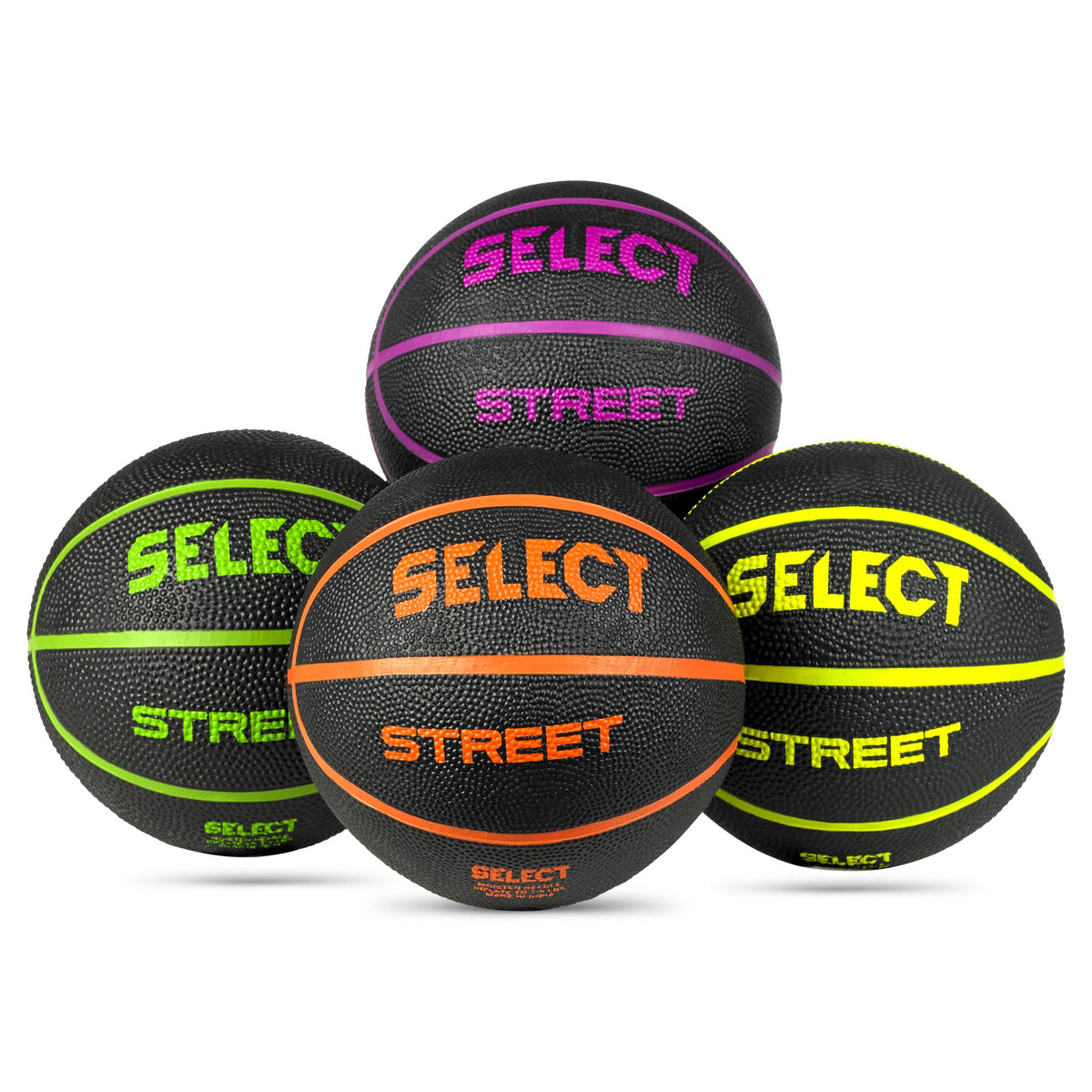 Forside av Basketball mini, Andre baller, fire svarte baller med lilla, grønt, oransje og gult.