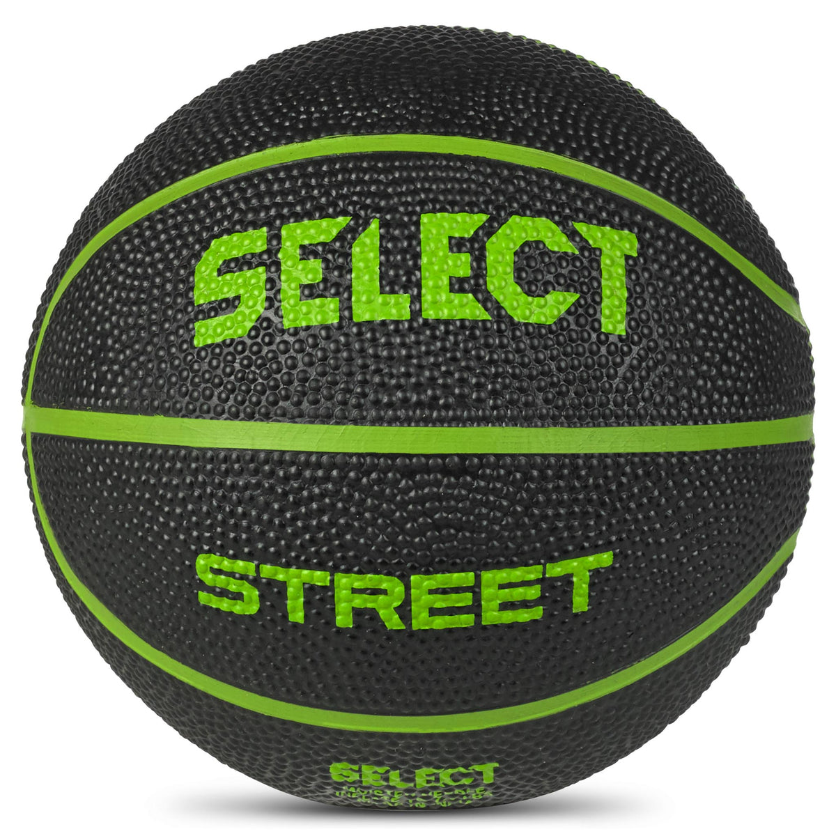 Svart og grønn Basketball mini, Andre baller, nærbilde av strukturert overflate med grønn Select- og Street-tekst.