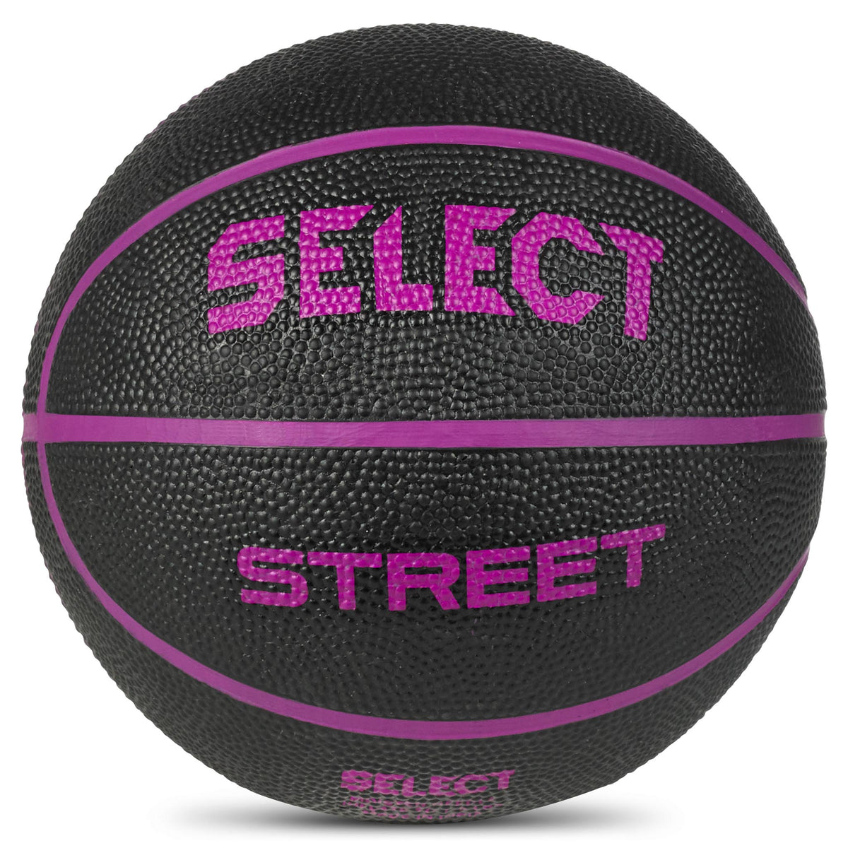Basketball mini i svart med lilla linjer og tekst, fra Andre baller. Nærbilde forfra.
