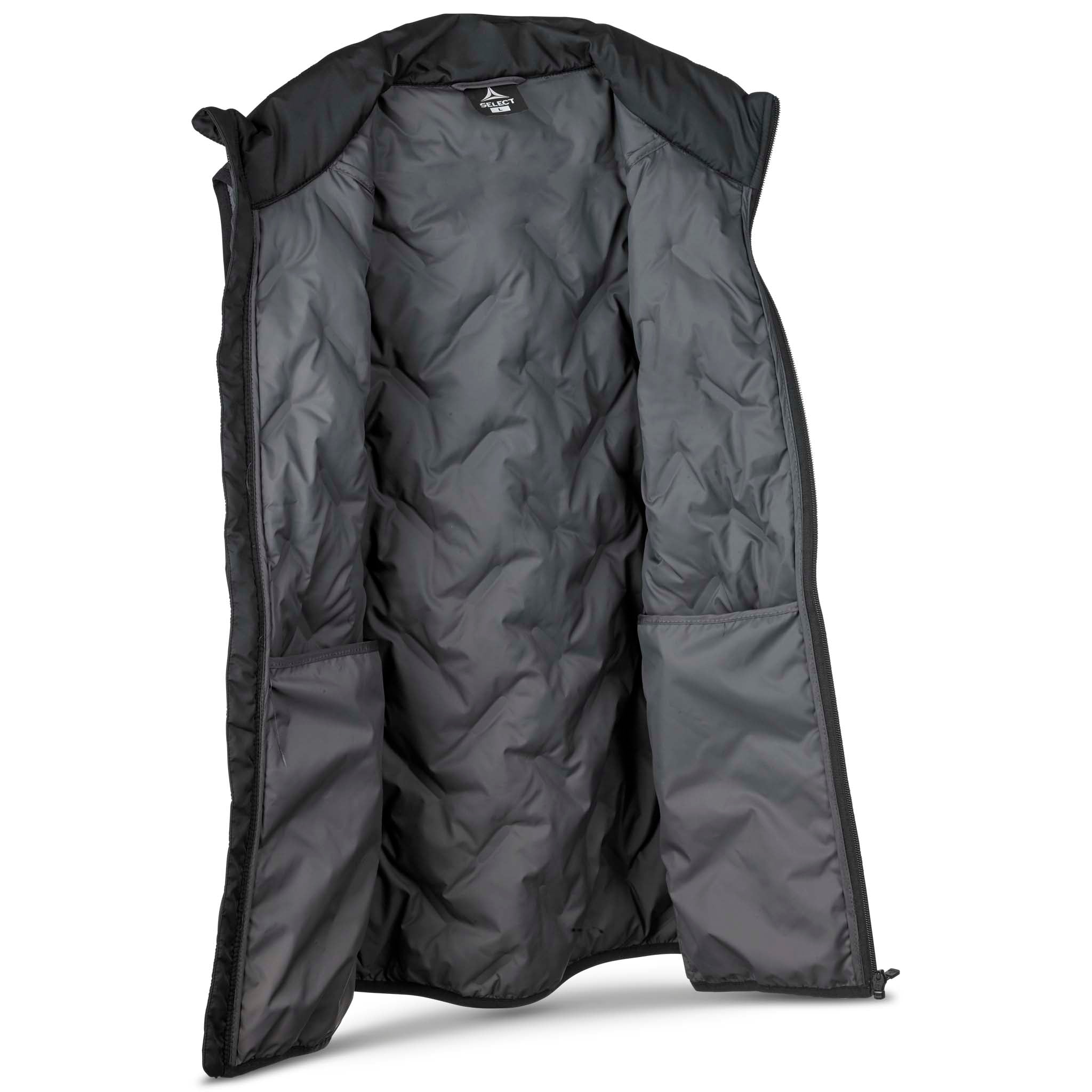 Nærbilde av sort Padded vest Oxford fritidsklær med quiltet grått fôr og innvendig lomme.