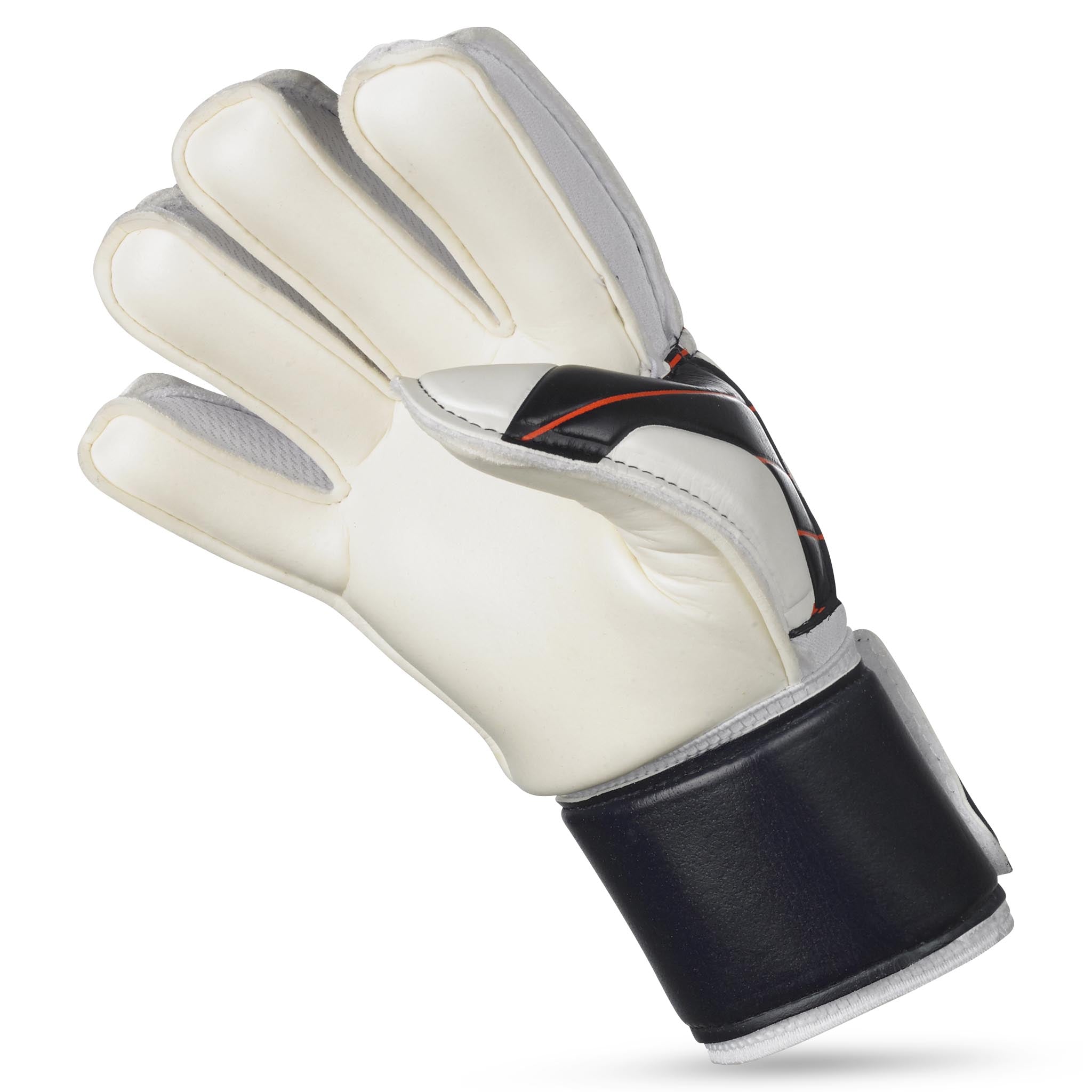 Bakside av Gloves 04 Protection v24 keeperhansker for fotball i hvitt, svart og oransje.