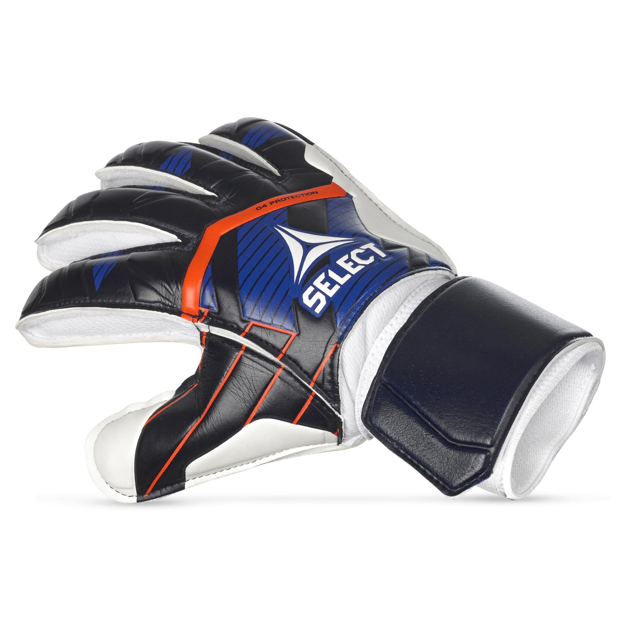 Gloves 04 Protection v24 keeperhansker for fotball, sett forfra, i sort, blått, hvitt og oransje.