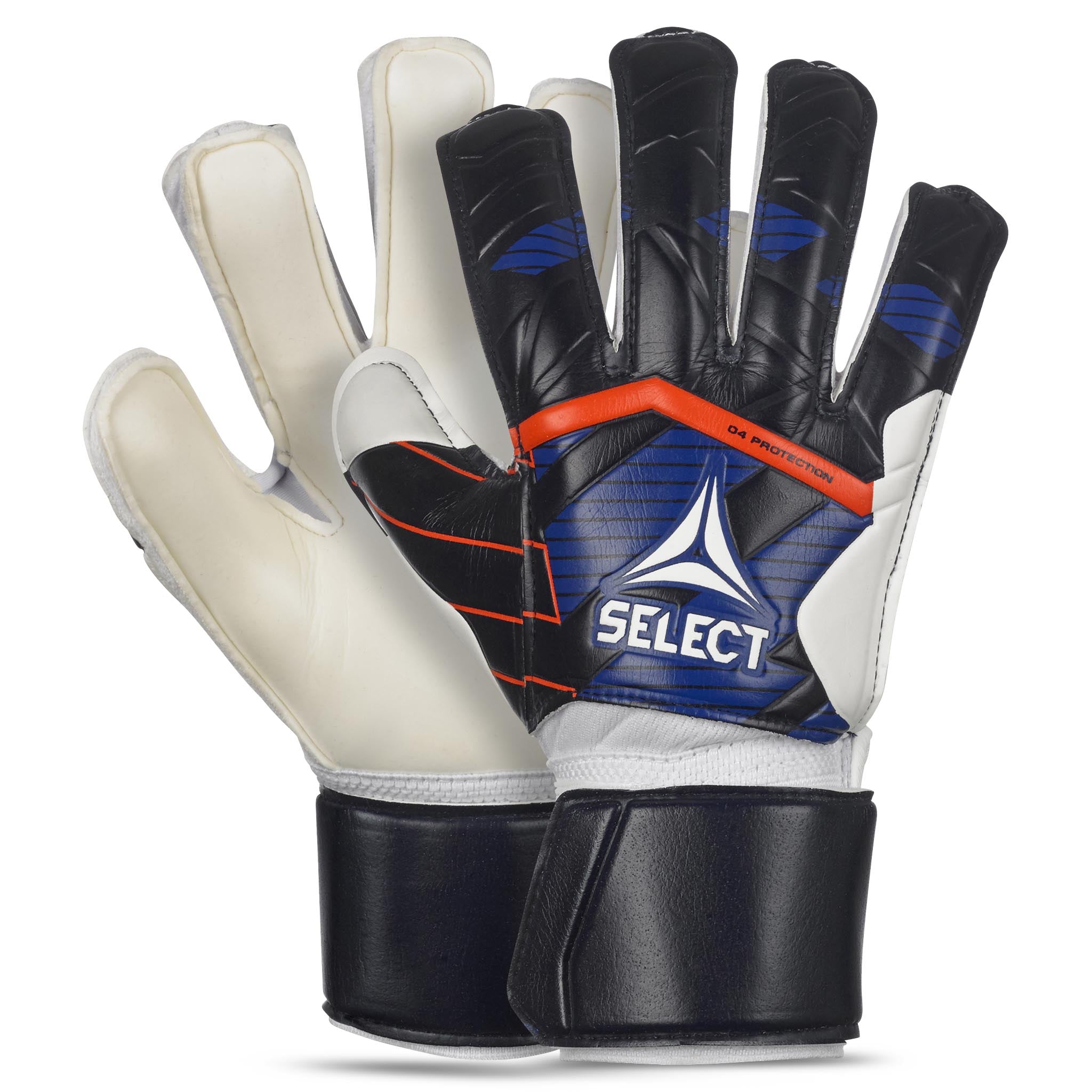 Forside af Gloves 04 Protection v24 målmandshandsker til fodbold i blå, hvid, sort og orange.
