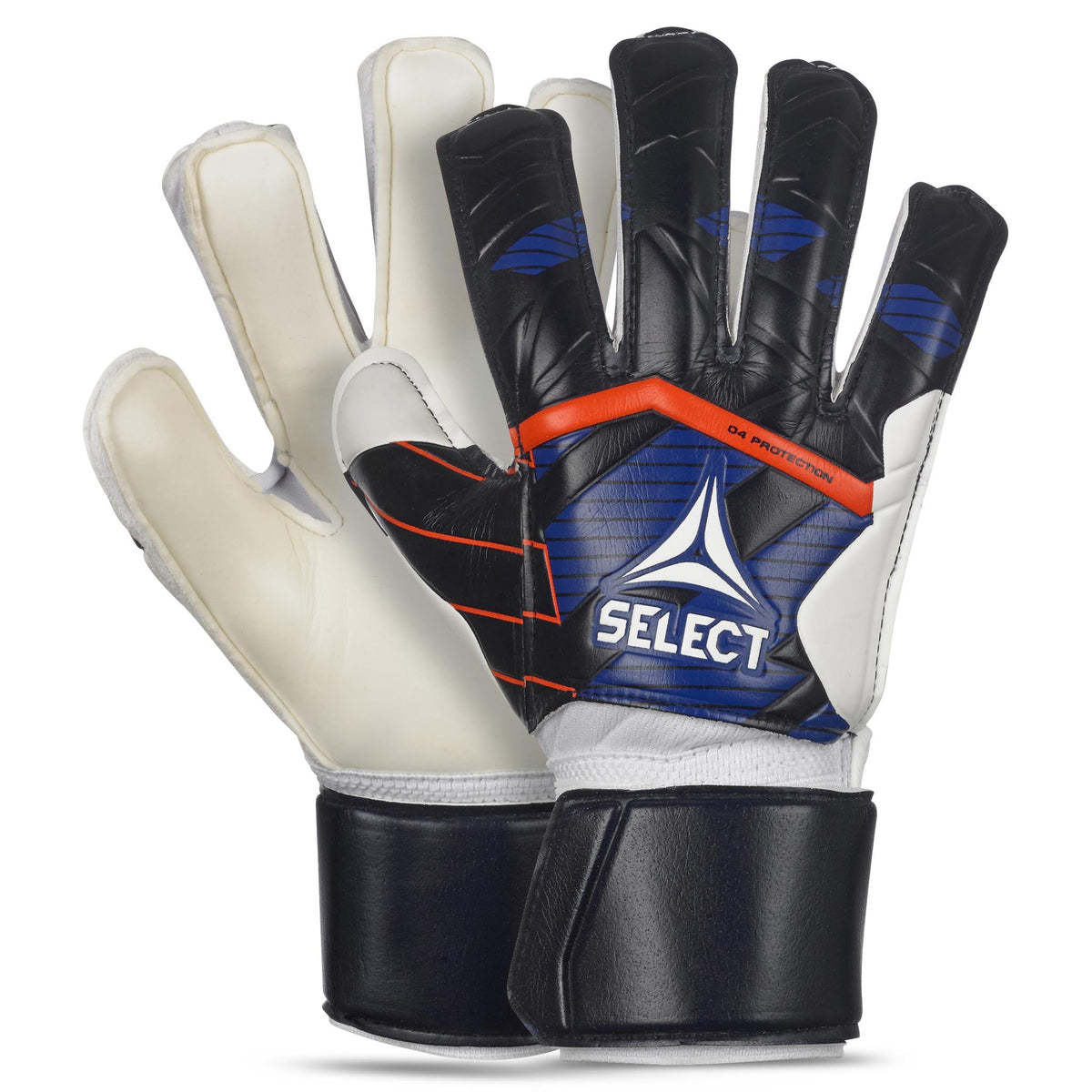 Forside av Gloves 04 Protection v24 keeperhansker for fotball i blått, hvitt, sort og oransje.