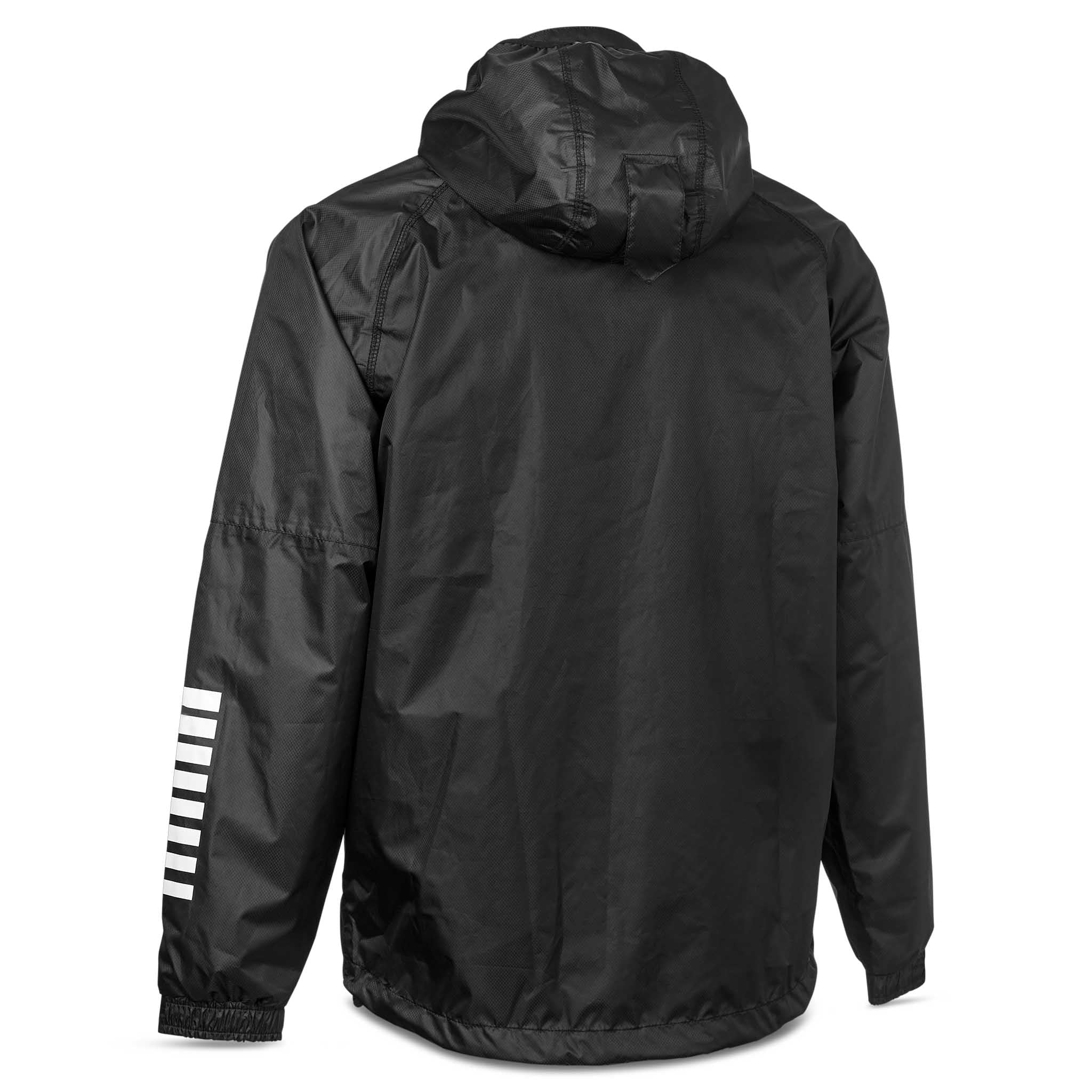 Bakside av svart All-weather jacket Monaco v24 med hvite striper på ermet, hette, Match & Training fotballklær