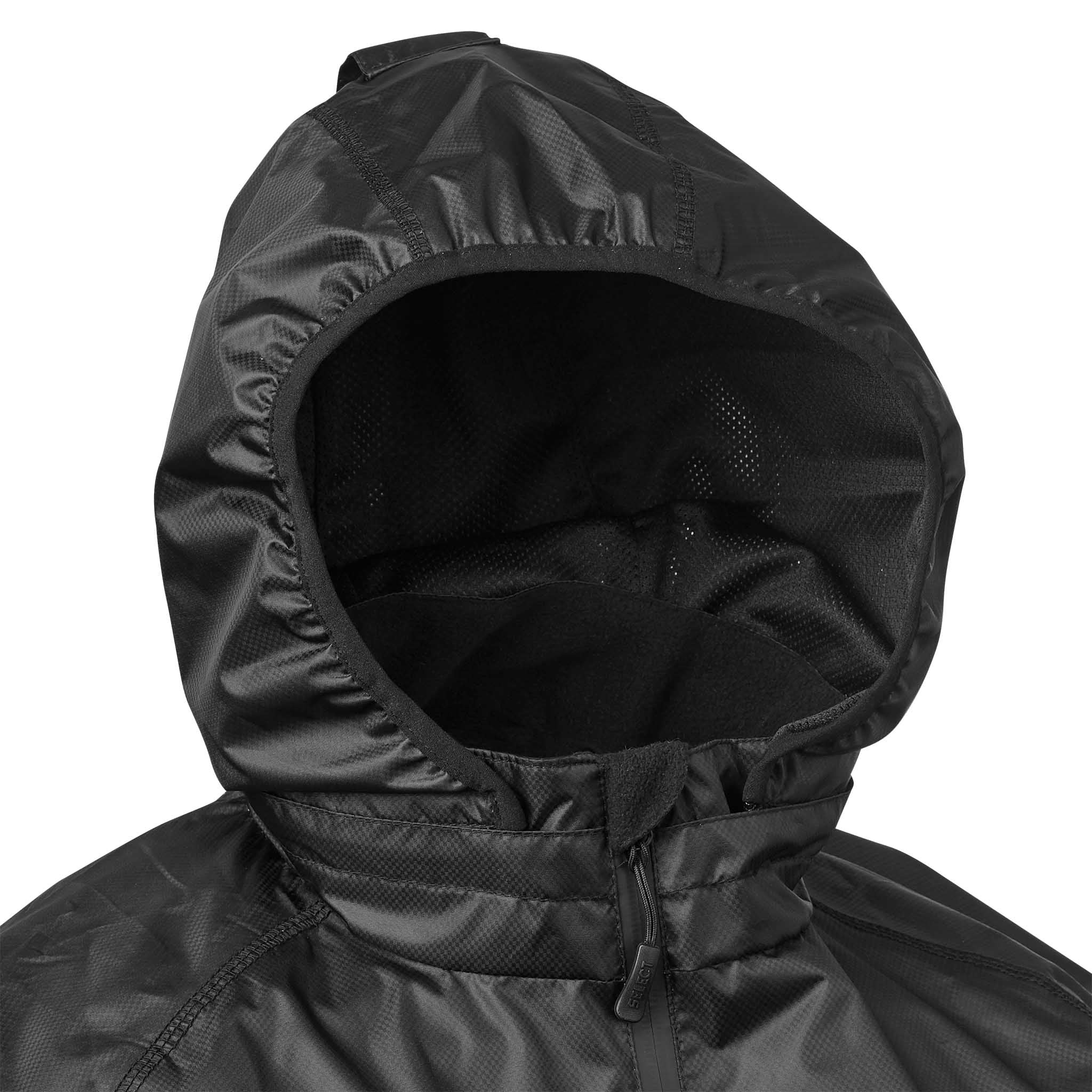 Nærbilde av svart All-weather jacket Monaco v24 hette med meshfôr, Match & Training-klær