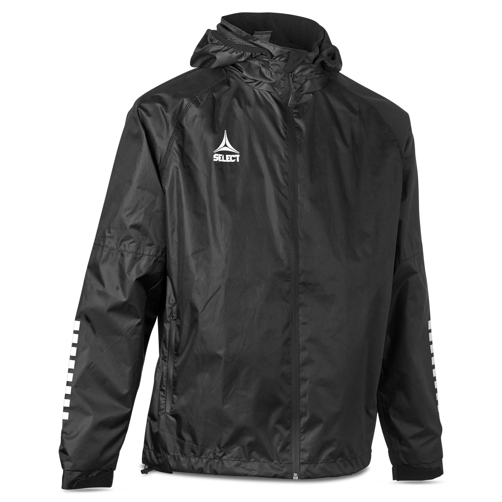 Forfra av sort All-weather jacket Monaco v24, Match & Training wear, med hette og hvit logo.