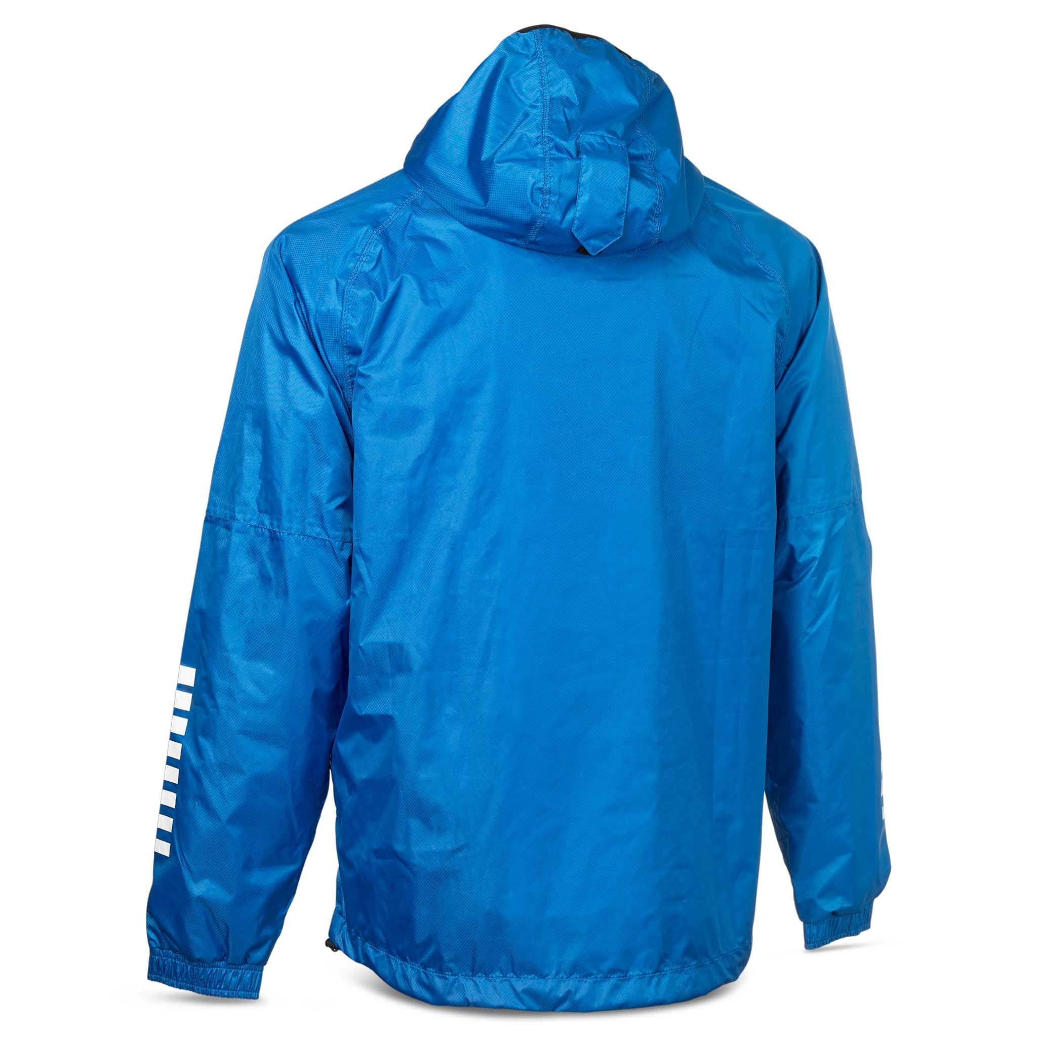 Bakside av blå All-weather jacket Monaco v24, Match & Training wear, med hette og hvit ermedetalj for fotball.