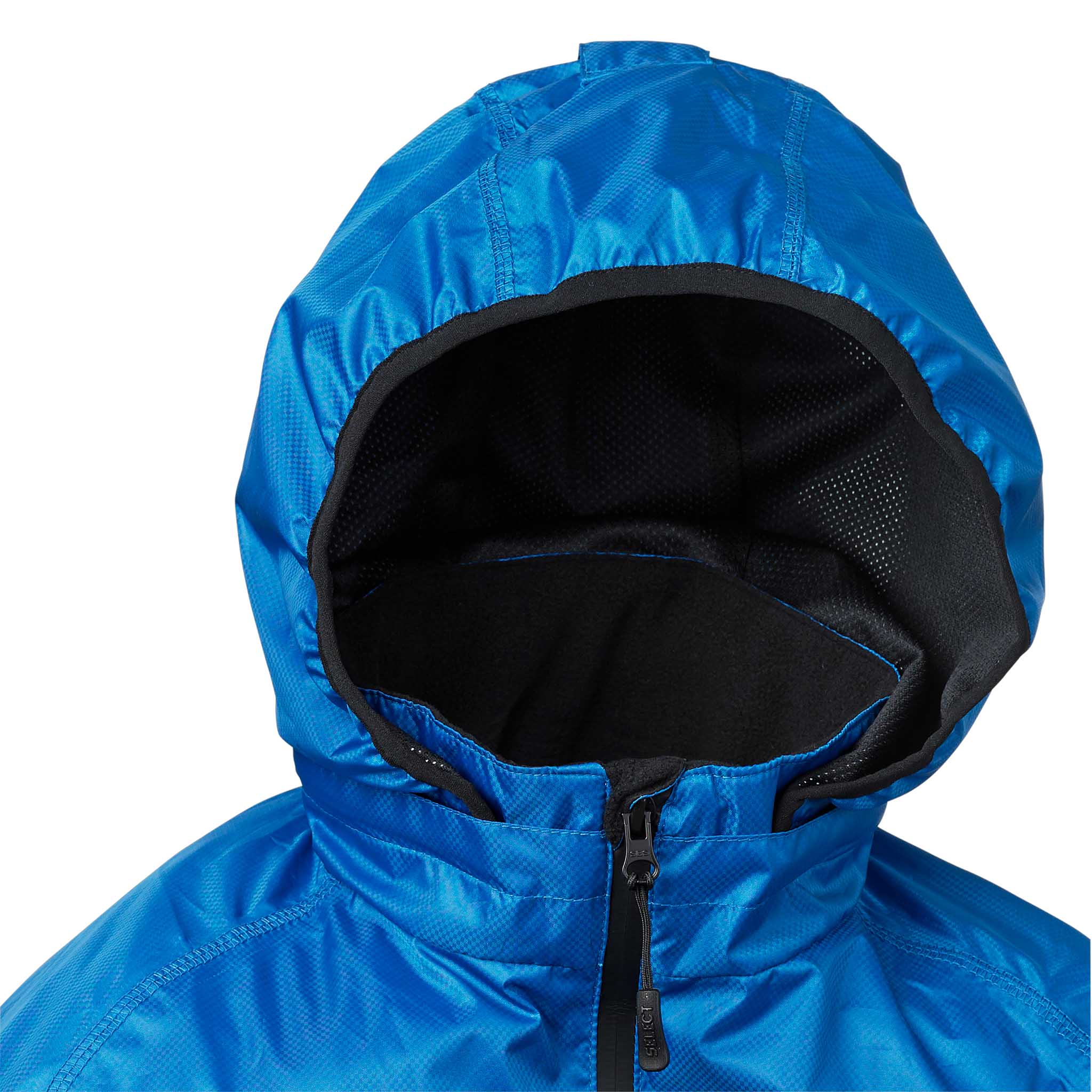 Nærbilde av blå All-weather jacket Monaco v24, Match & Training wear, med hette med svart mesh-fôr og glidelås.