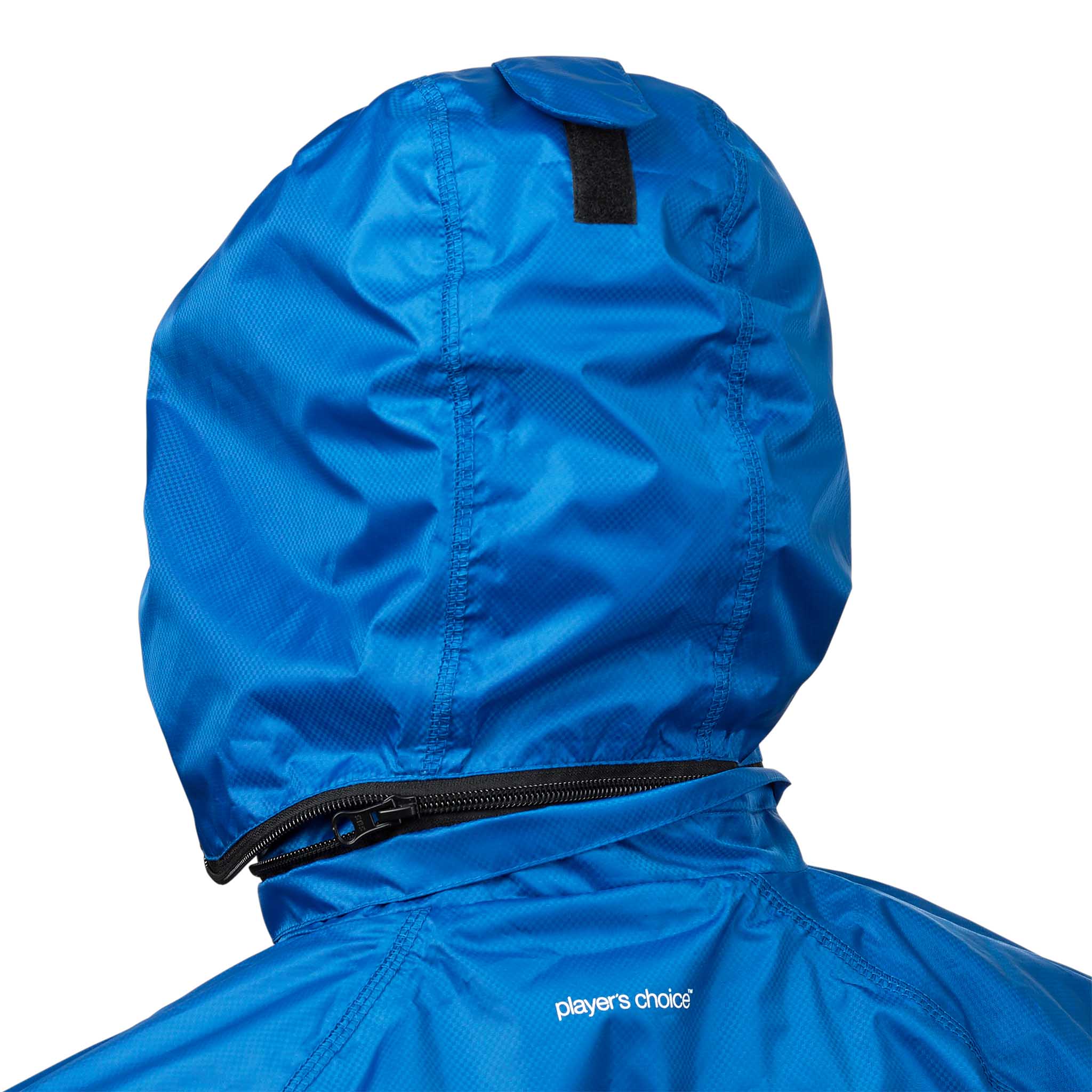 Nærbilde av blå All-weather jacket Monaco v24 hette med glidelås, fotball Match & Training wear