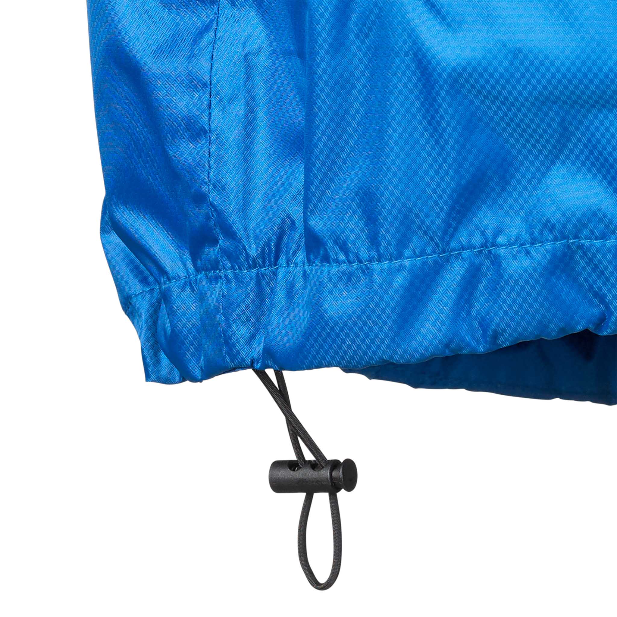 Nærbilde av blå All-weather jacket Monaco v24, Match & Training wear, med svart justerbar snortrekk i kanten.