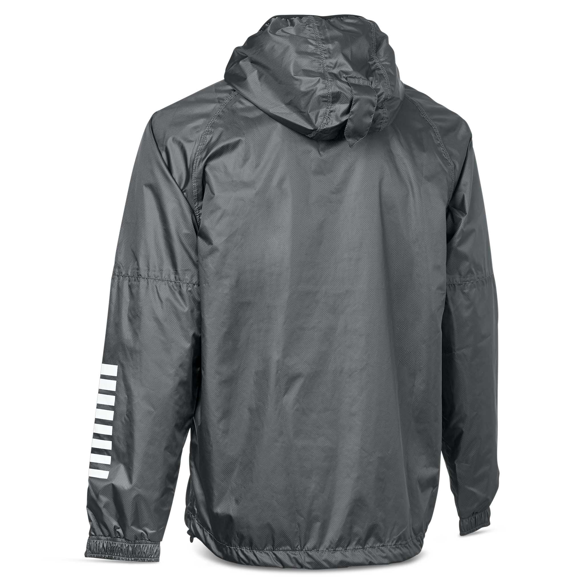 Bakside av grå All-weather jacket Monaco v24 med hette og hvite striper på ermet, fotball Match & Training wear