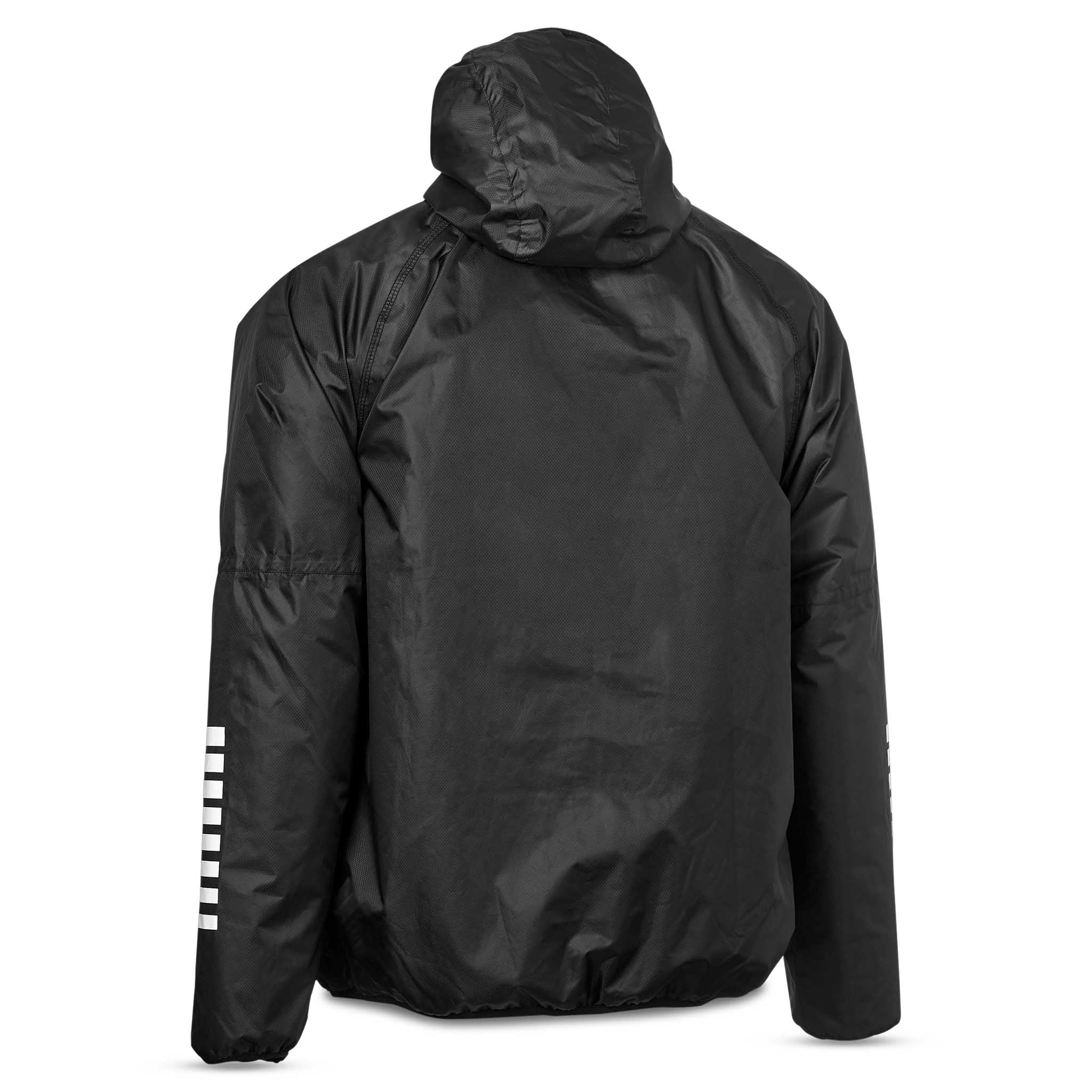 Bakside av svart Functional Jacket Monaco v24 med hette og hvite ermestriper, Match & Training fotballklær