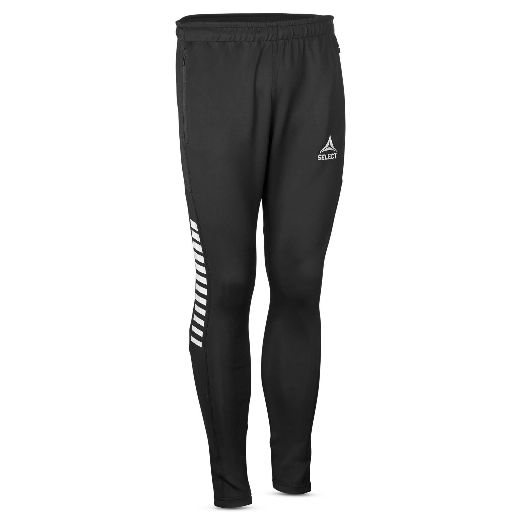 Forside av svarte Training pants slim fit Monaco v24 med hvite detaljer, fotball Match & Training wear