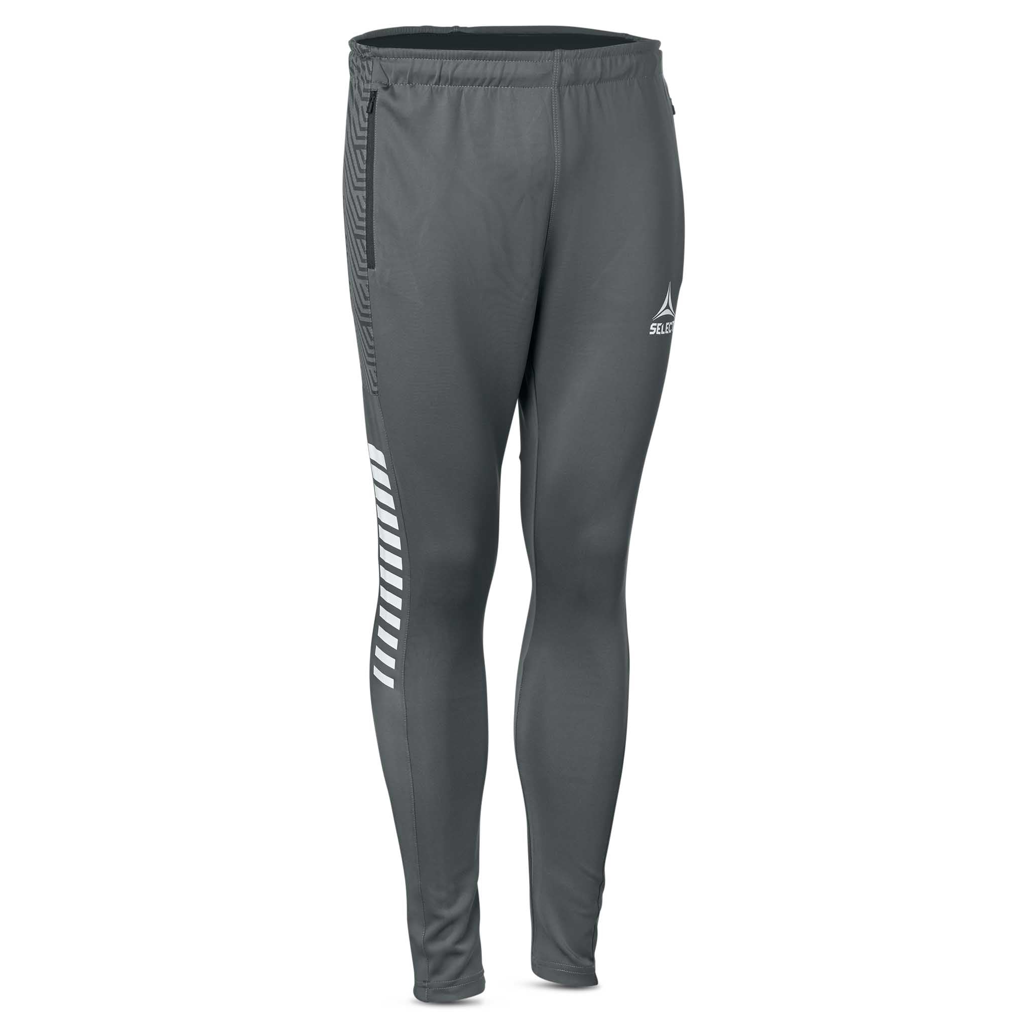 Grå slim fit Training pants slim fit Monaco v24, forfra, med hvite striper. Kamp- og treningstøy til fotball.