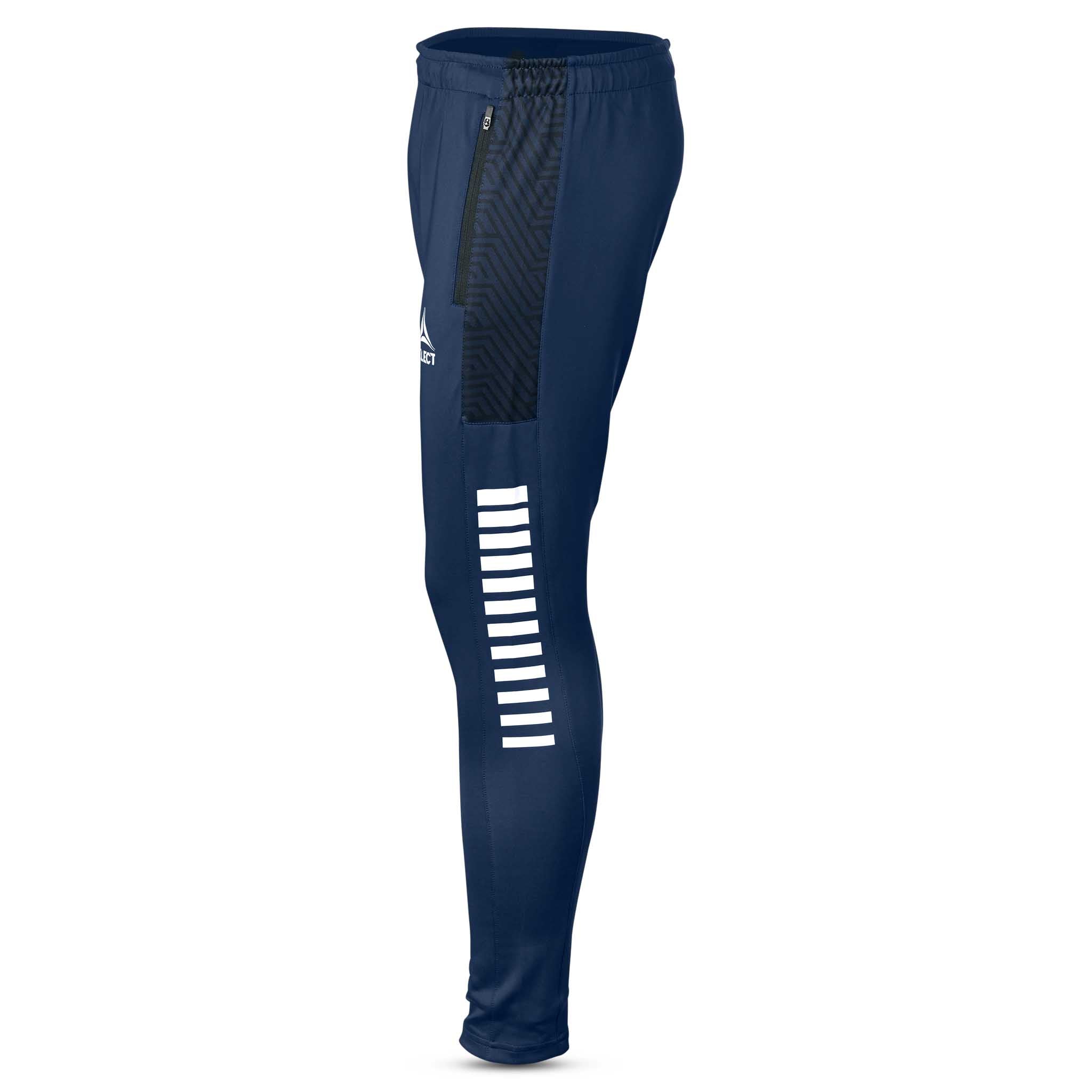 Marineblå og hvite Training pants slim fit Monaco v24, Match & Training wear, sett fra høyre side med hvit stripedetalj.
