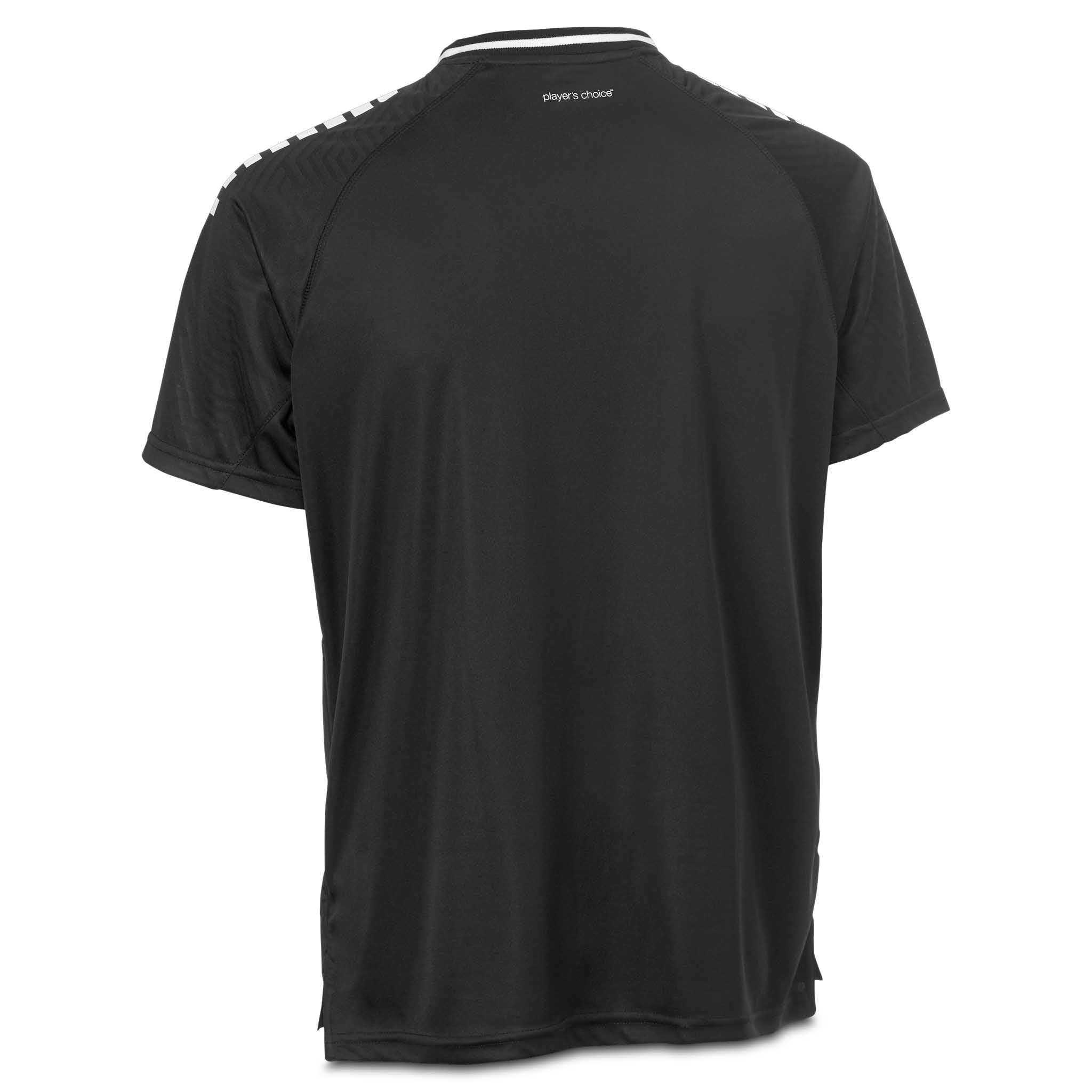 Player shirt S/S Monaco v24, sort fotball kamp- og treningstøy, sett bakfra med hvite skulderdetaljer.