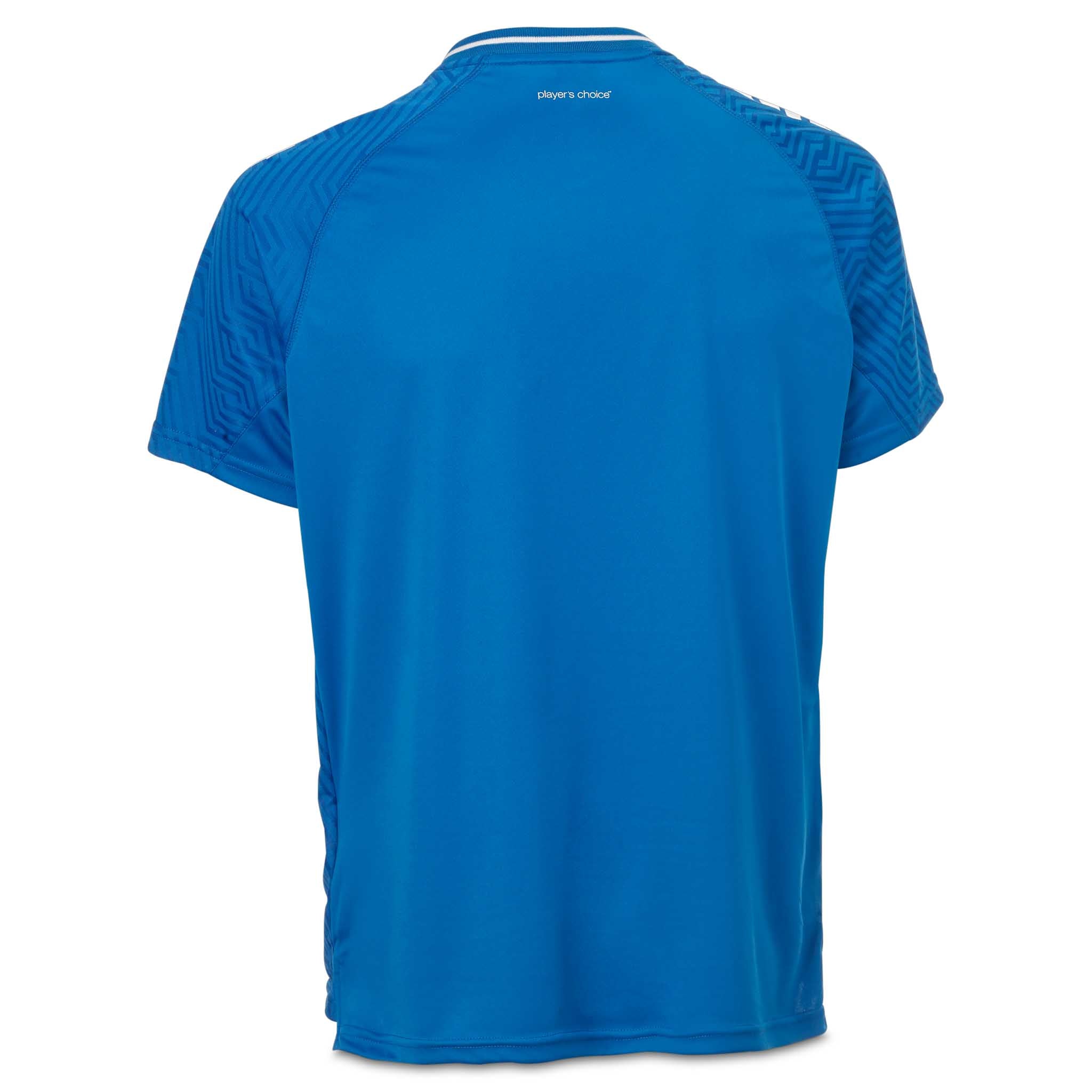 Bakside av blå Player shirt S/S Monaco v24, fotball Match & Training wear med strukturerte skuldre.