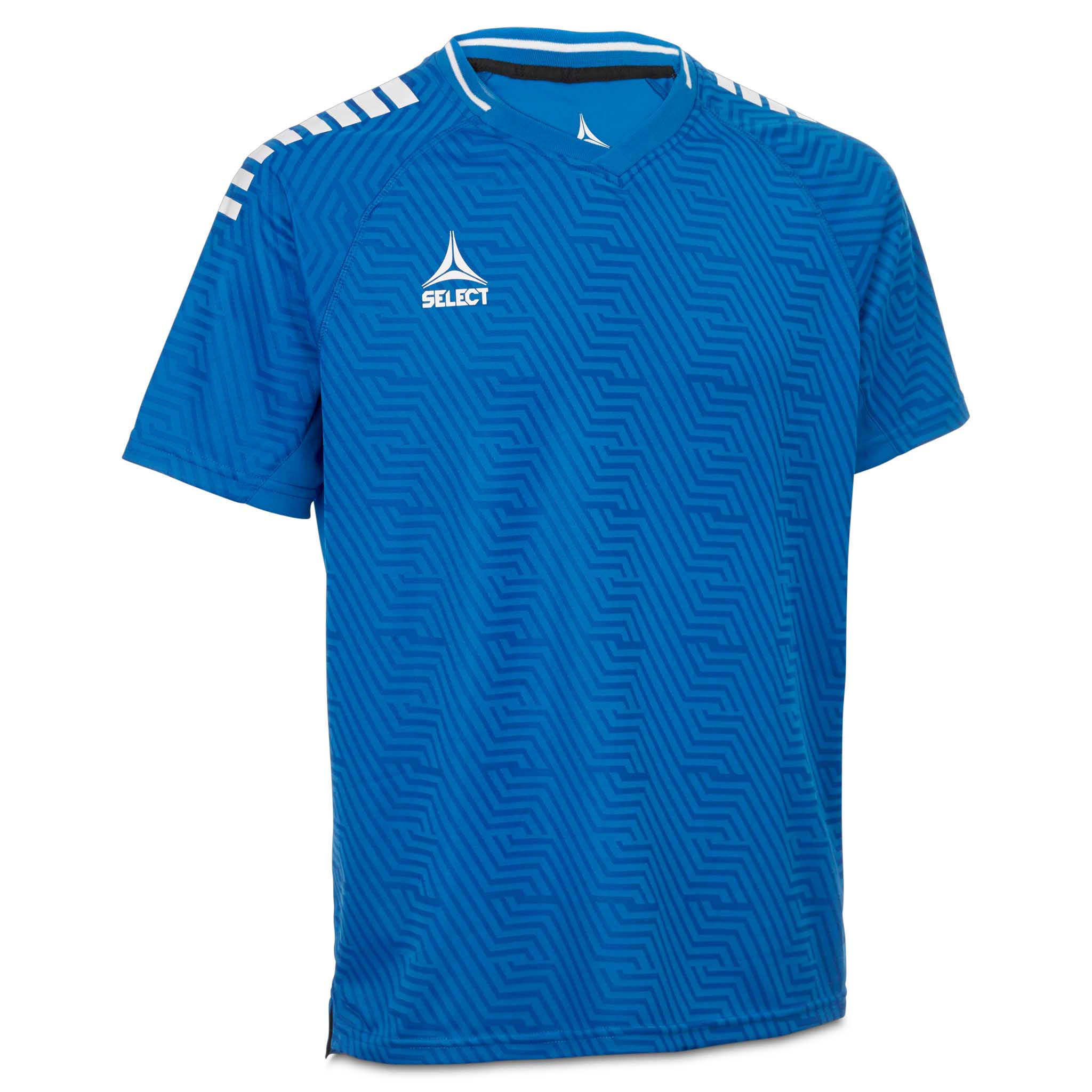 Forside av blå og hvit Player shirt S/S Monaco v24 fotball Match & Training wear med strukturert mønster