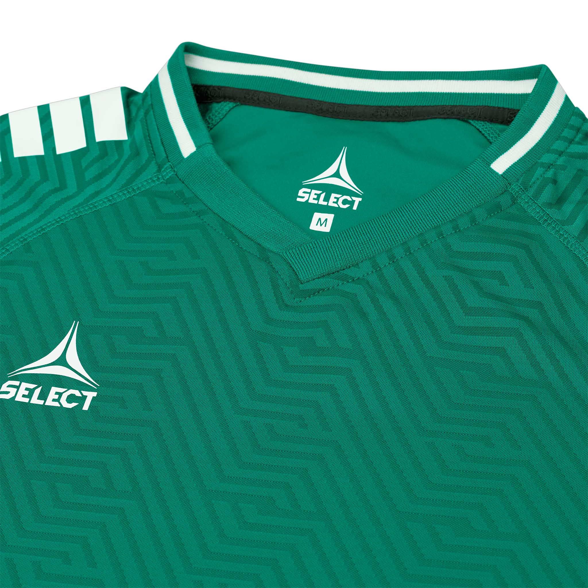 Nærbilde av grønn Player shirt S/S Monaco v24 fotball kamp- og treningstøy med hvit kravekant og logo.