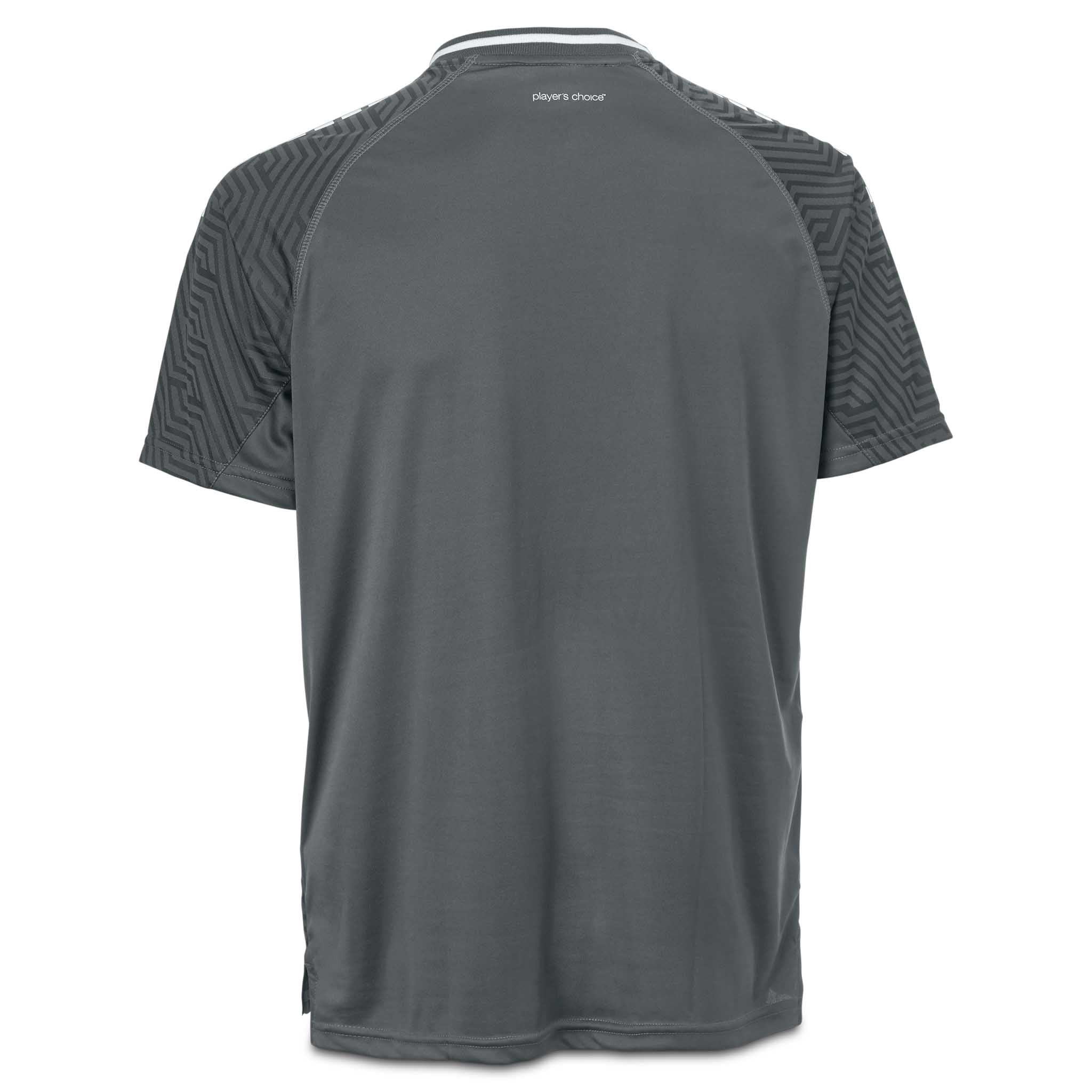 Bakside av grå Player shirt S/S Monaco v24 fotball Match & Training wear med mønstrede ermer.