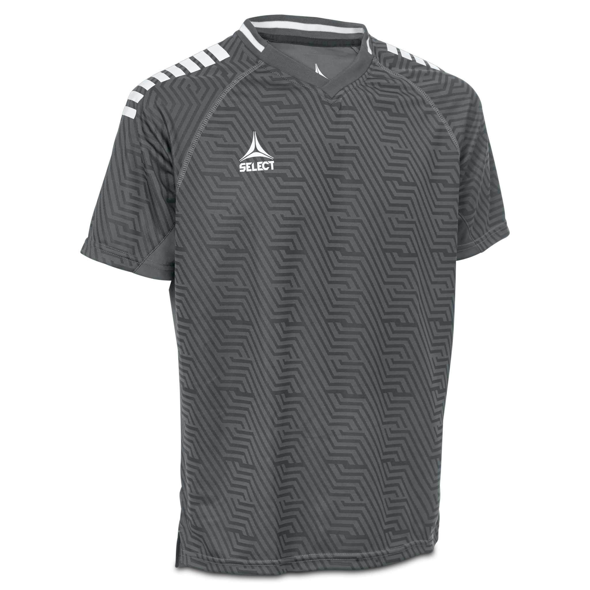 Forfra av grå og hvit Player shirt S/S Monaco v24, fotball kamp- og treningstøy med geometrisk mønster.