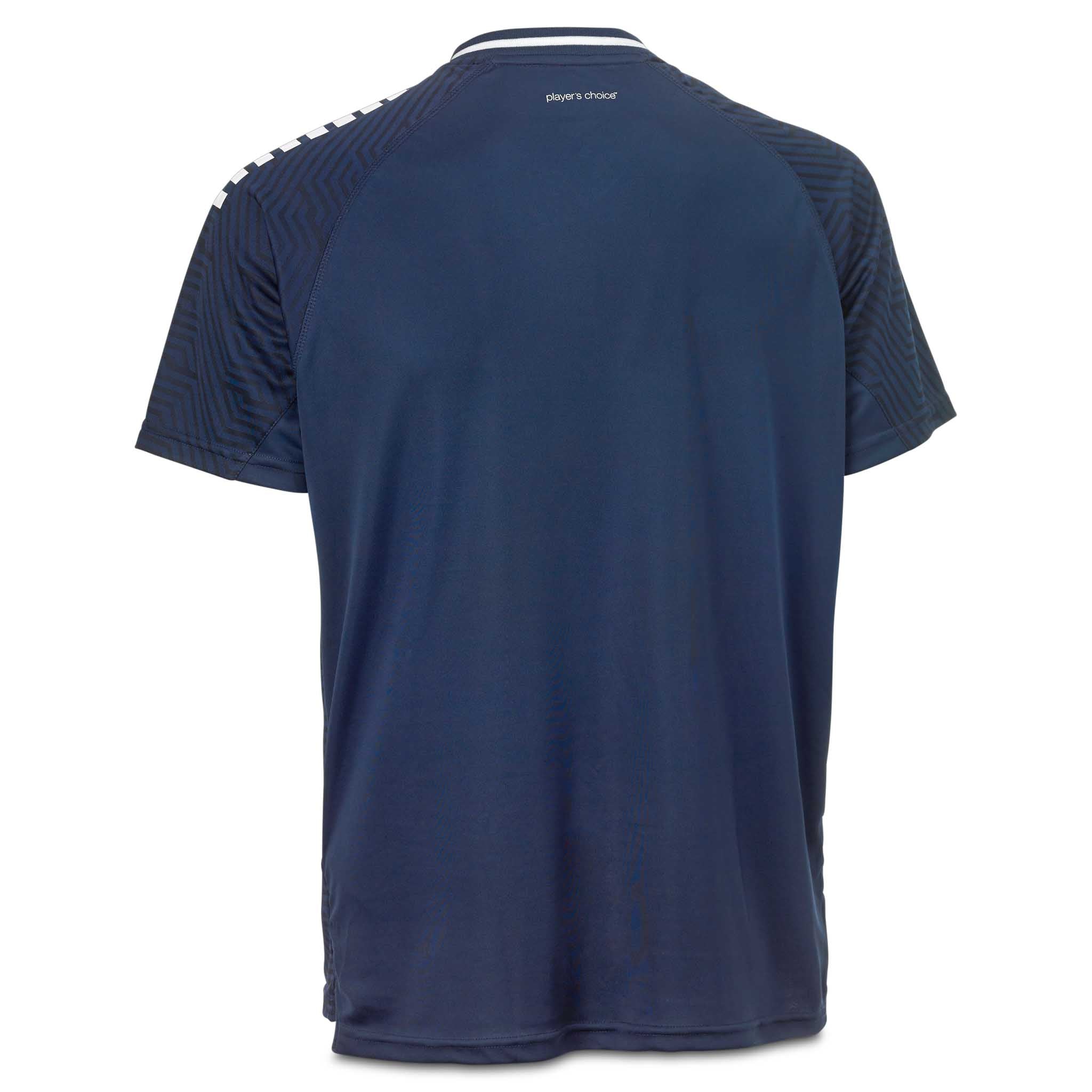 Marineblå og hvit Player shirt S/S Monaco v24, fotball kamp- og treningstøy, sett bakfra.
