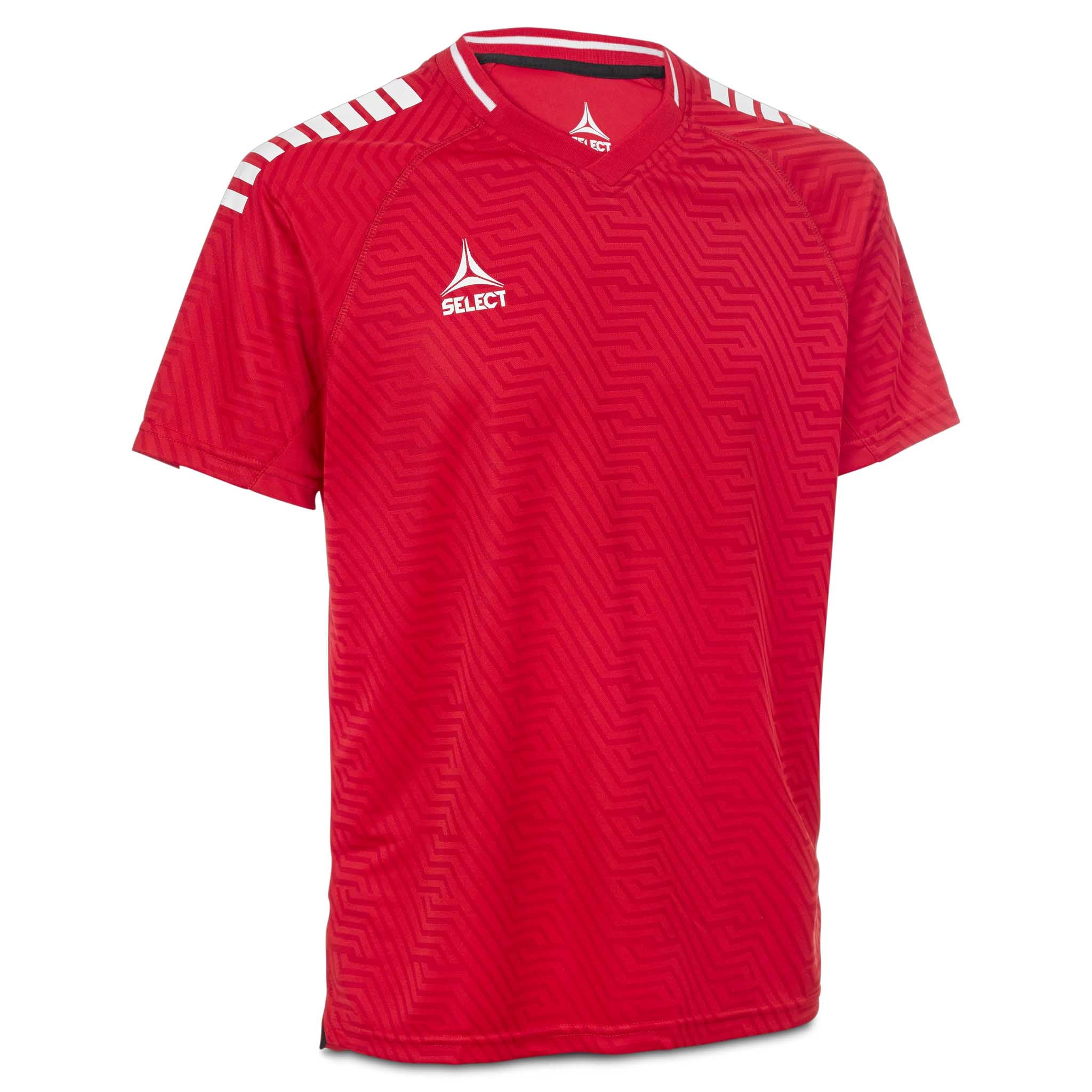 Forfra av rød og hvit Player shirt S/S Monaco v24, Match & Training fotballklær med sikksakkmønster.