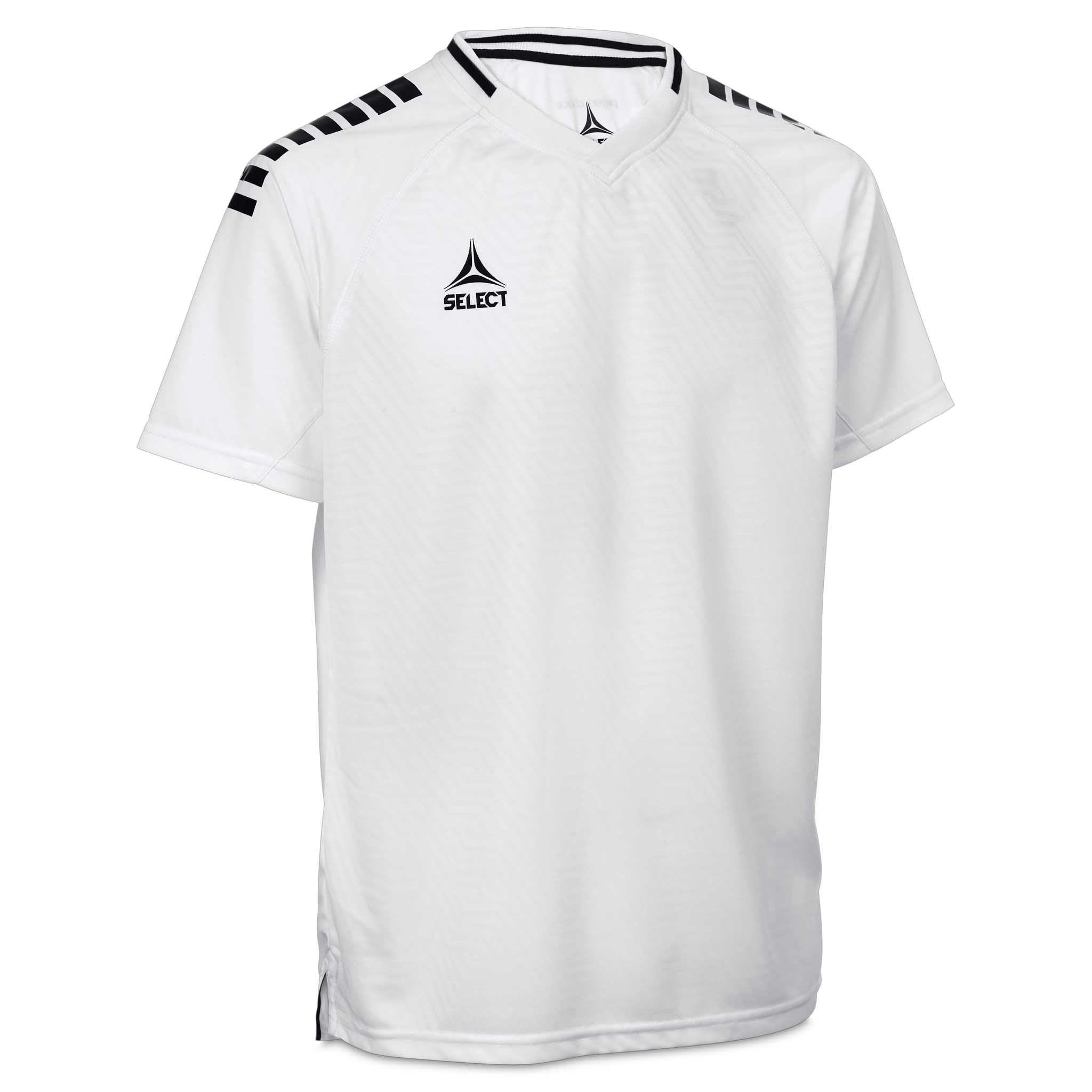 Hvit Player shirt S/S Monaco v24 fotball kamp- og treningstøy med svarte skulderdetaljer, forside
