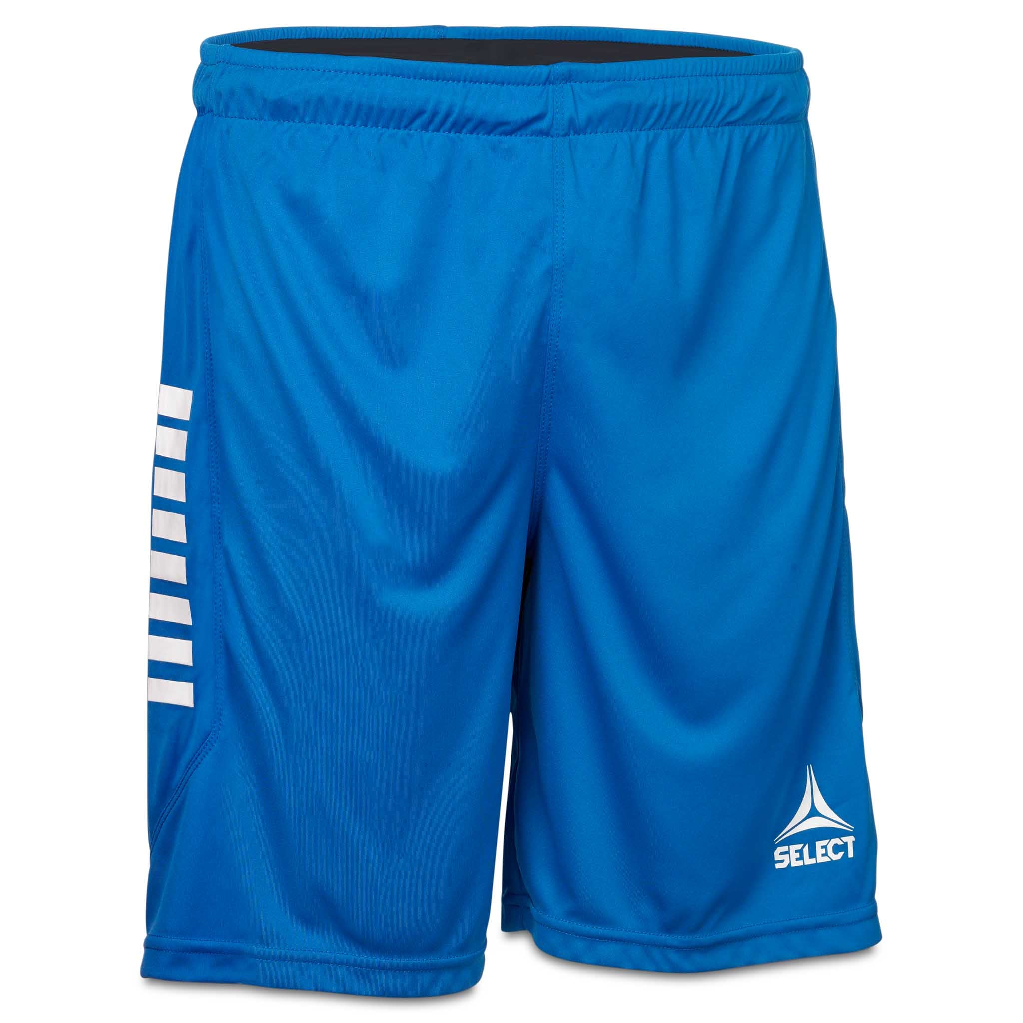 Forside av blå Player shorts Monaco v24, Match & Training wear, med hvite sidestriper og logo.