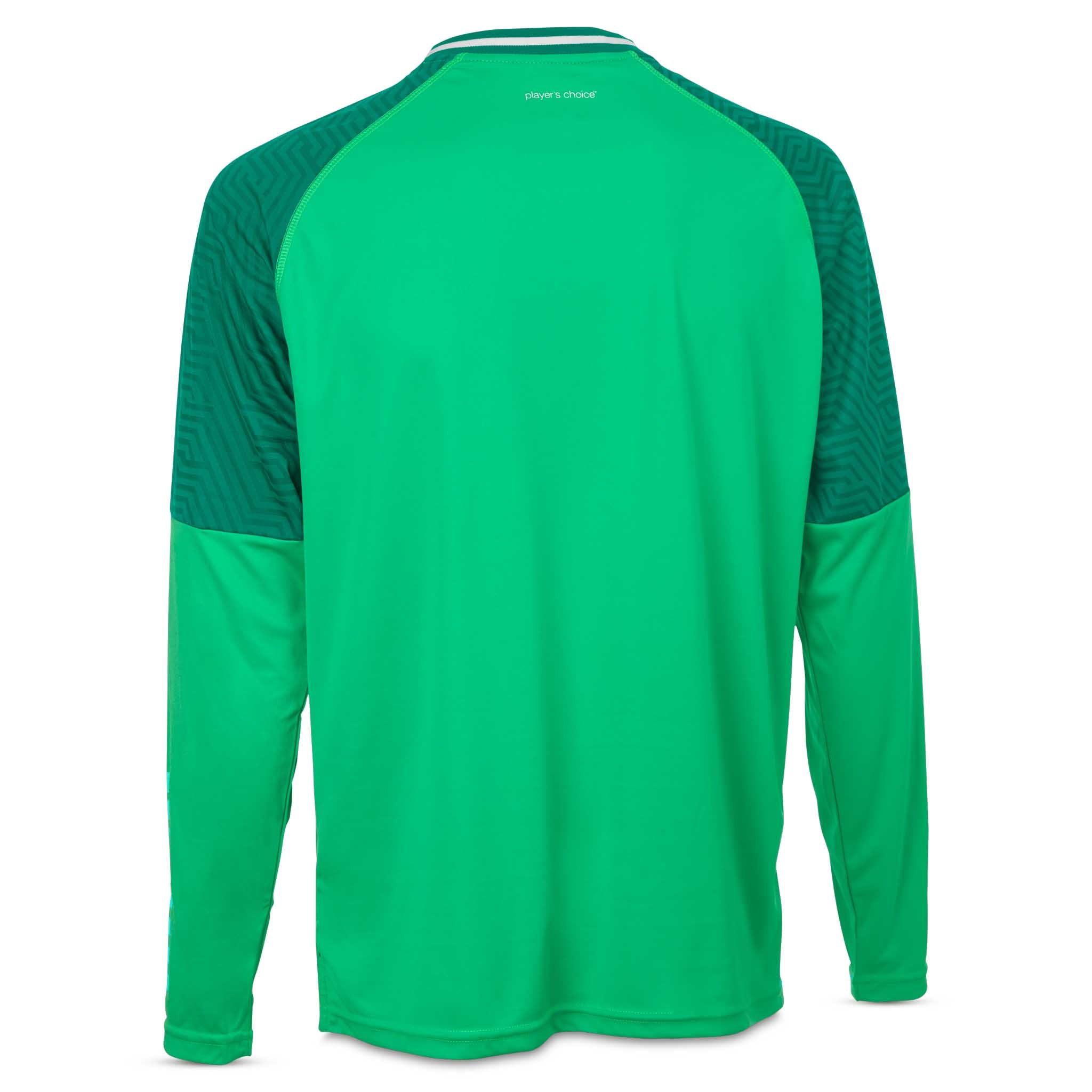 Bakside av grønn Goalkeeper shirt Monaco v24, keeperklær med mørkegrønne strukturerte skuldre, lange ermer.