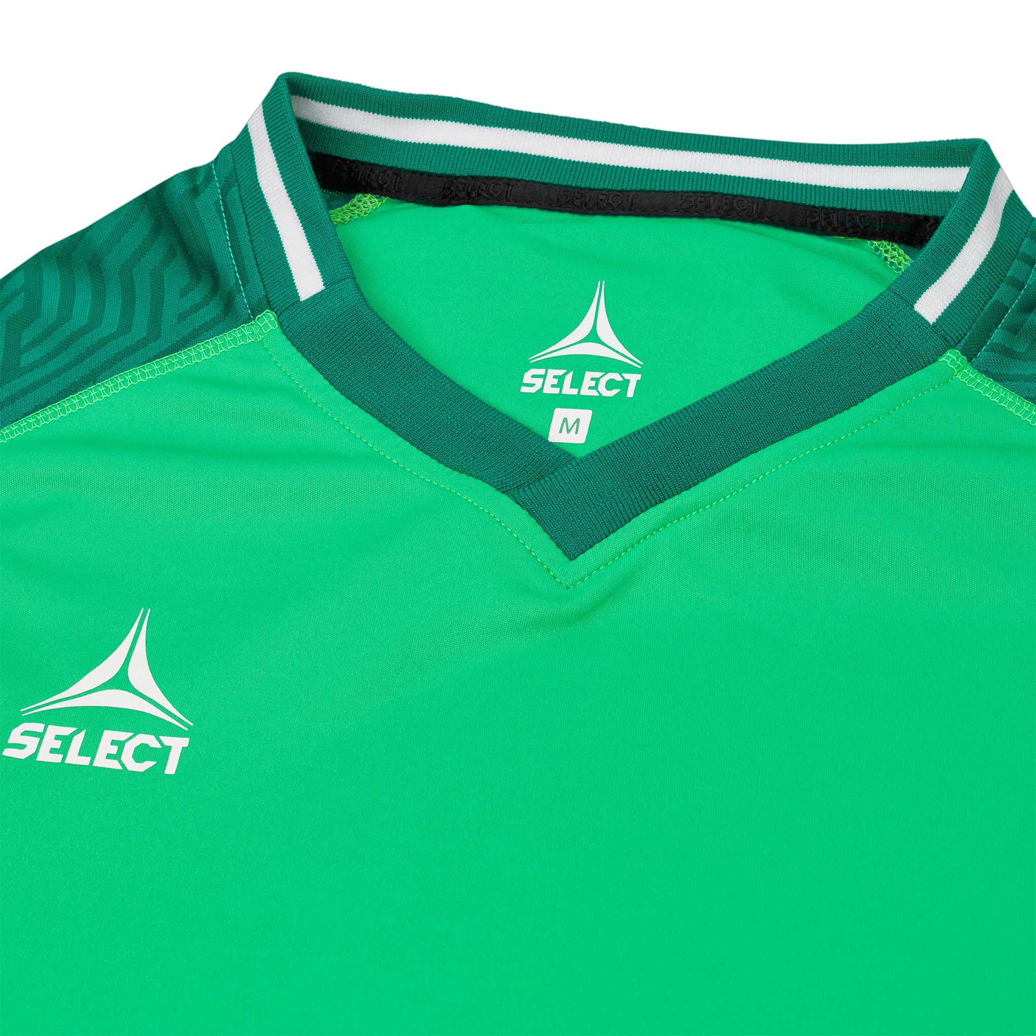 Nærbilde av grønn Goalkeeper shirt Monaco v24, keeperklær, med hvit V-hals med mørkegrønn kant og Select-logo