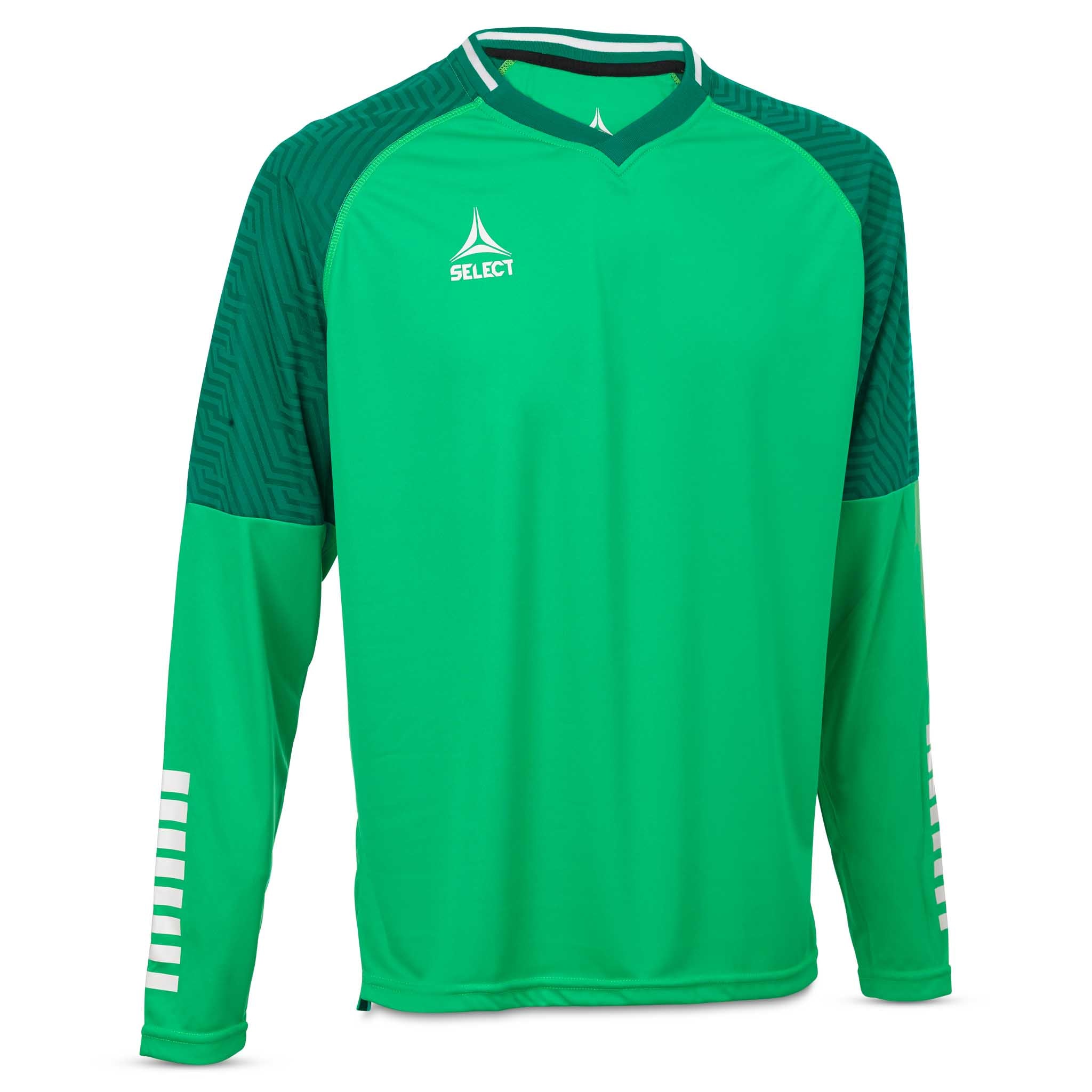 Forside av grønn Goalkeeper shirt Monaco v24, keeperklær med mørkegrønne skuldre og hvit fotballlogo.