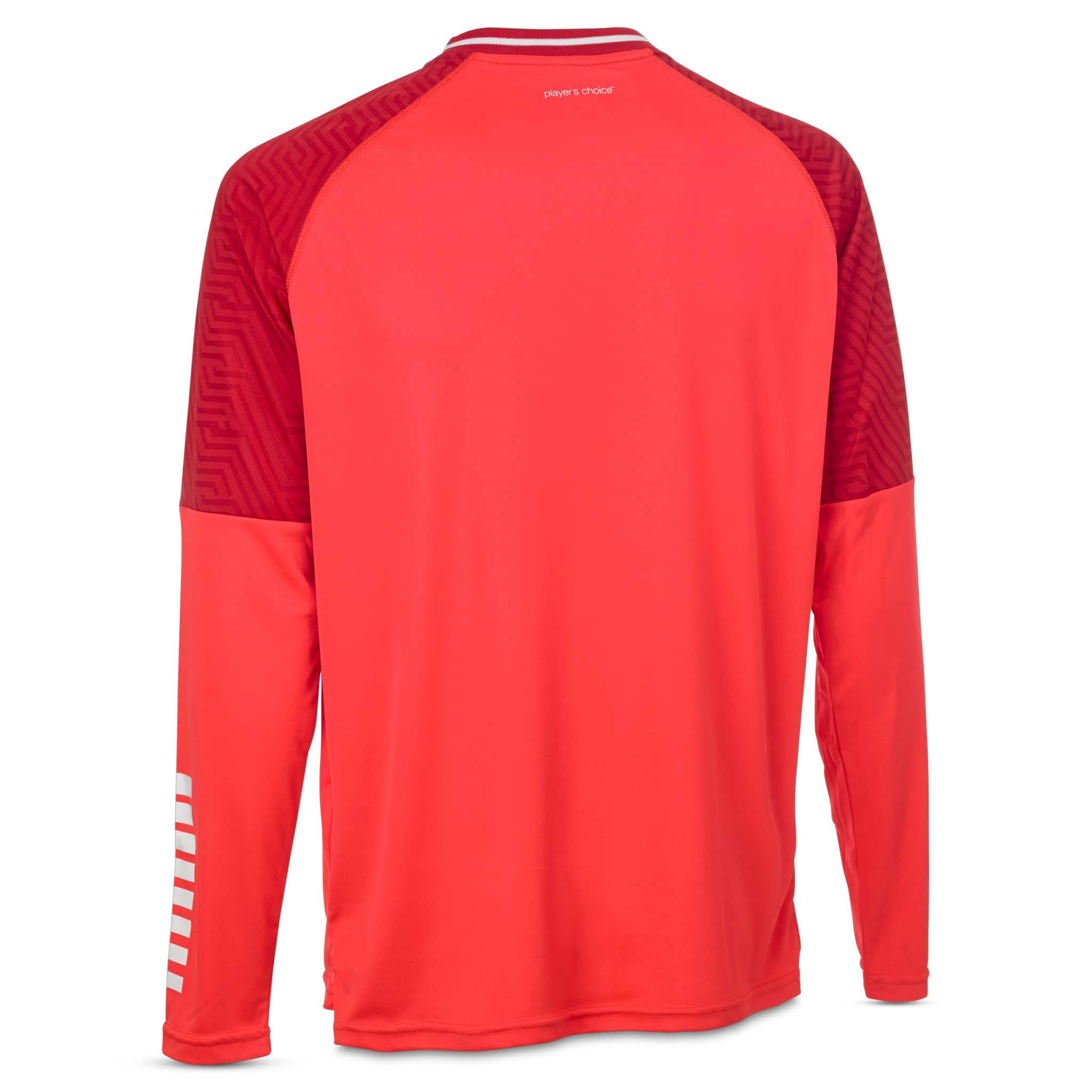 Bakside av rød Goalkeeper shirt Monaco v24, fotball keeperklær med mørkere røde skuldre og lange ermer.