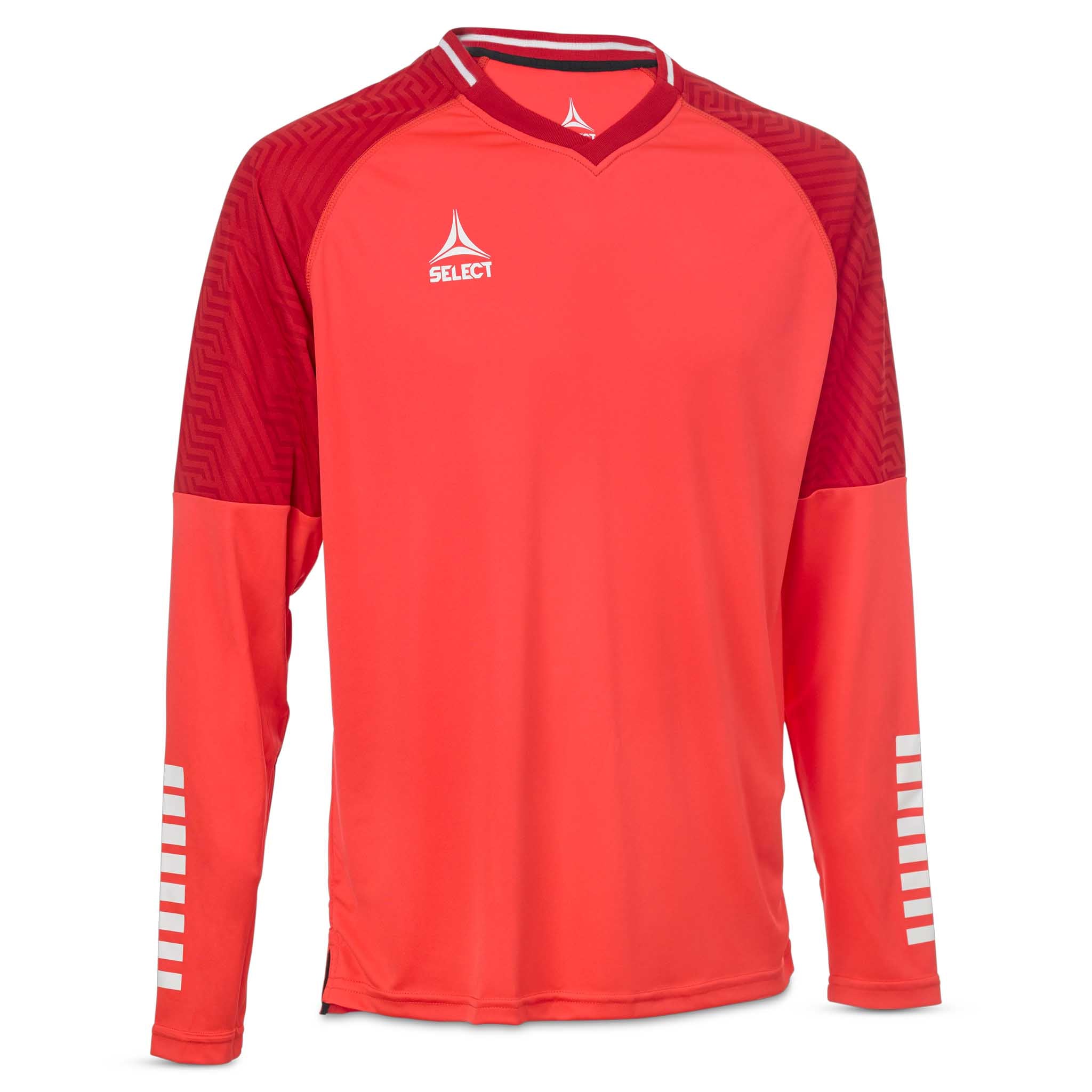 Forside av rød Goalkeeper shirt Monaco v24, keeperklær med mørkerøde skuldre og hvite detaljer.