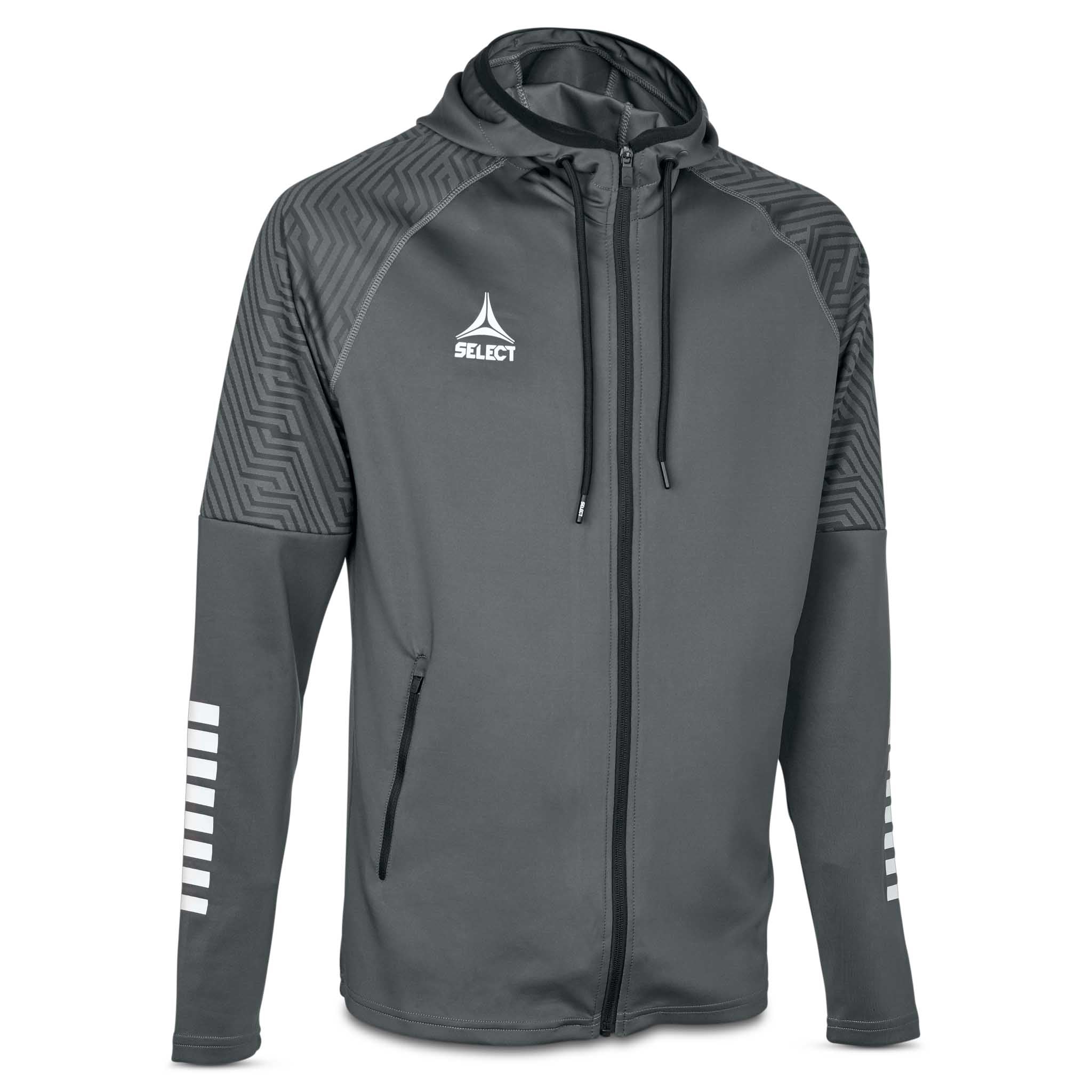 Forfra av grå-hvit Zip hoodie Monaco v24, fotball kamp- og treningstøy med hette og glidelås