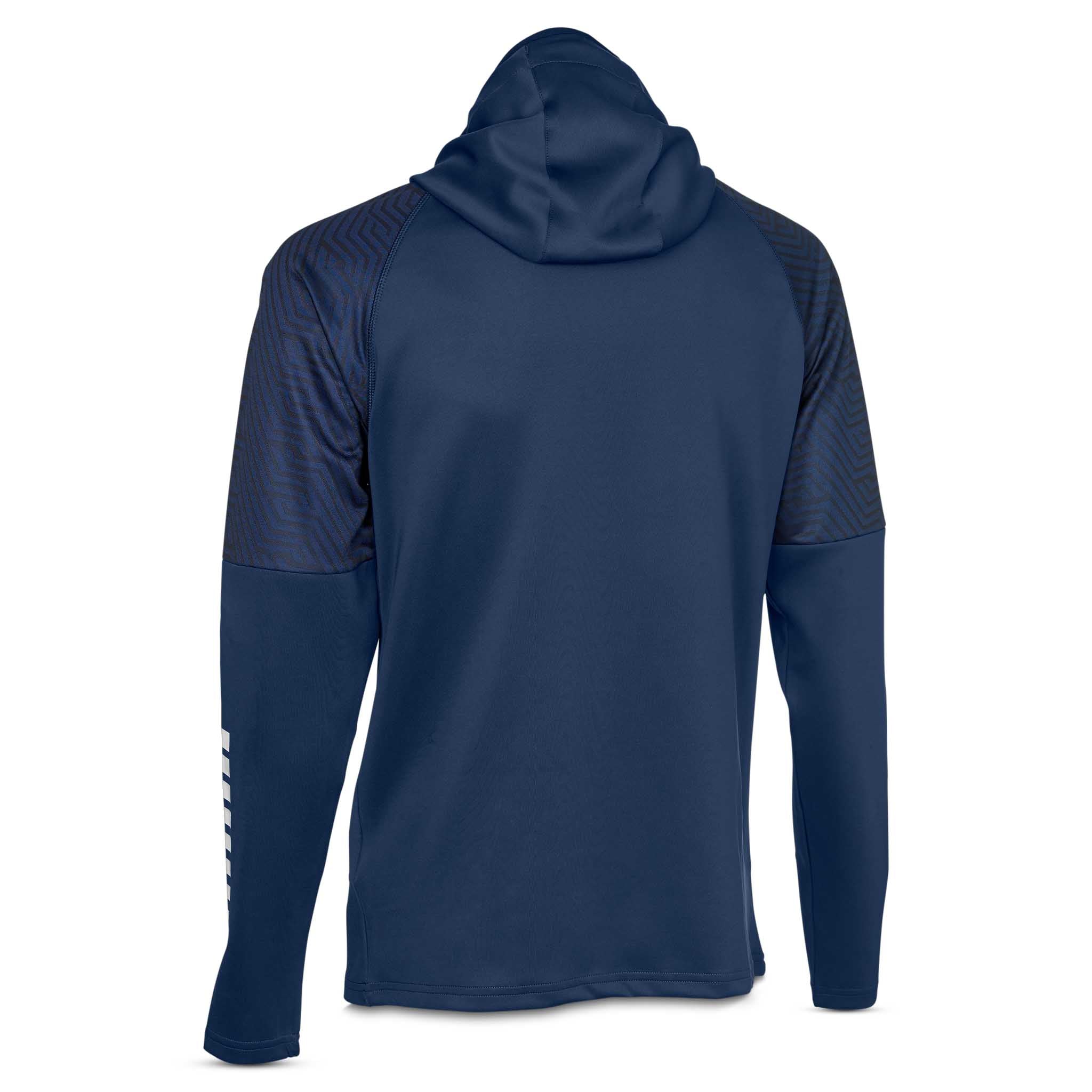 Bakside av marineblå Zip hoodie Monaco v24, fotball kamp- og treningstøy med hette og hvit logo.