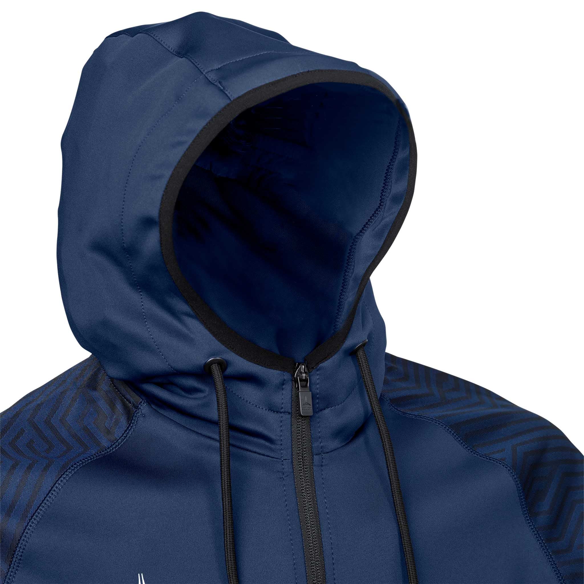 Nærbilde av marineblå Zip hoodie Monaco v24, Match & Training wear, med hette, sort glidelås og snorer.
