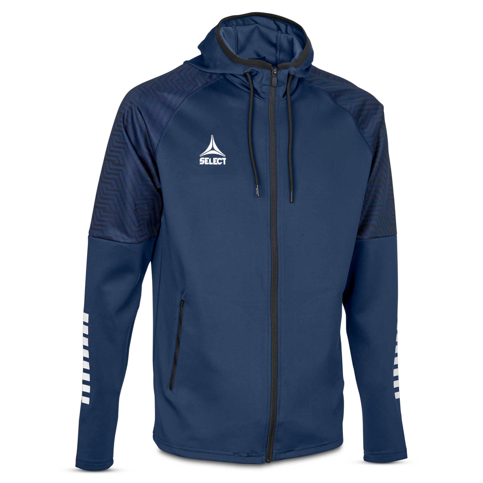 Marineblå og hvit Zip hoodie Monaco v24, kamp- og treningstøy, sett forfra med hette og glidelås.