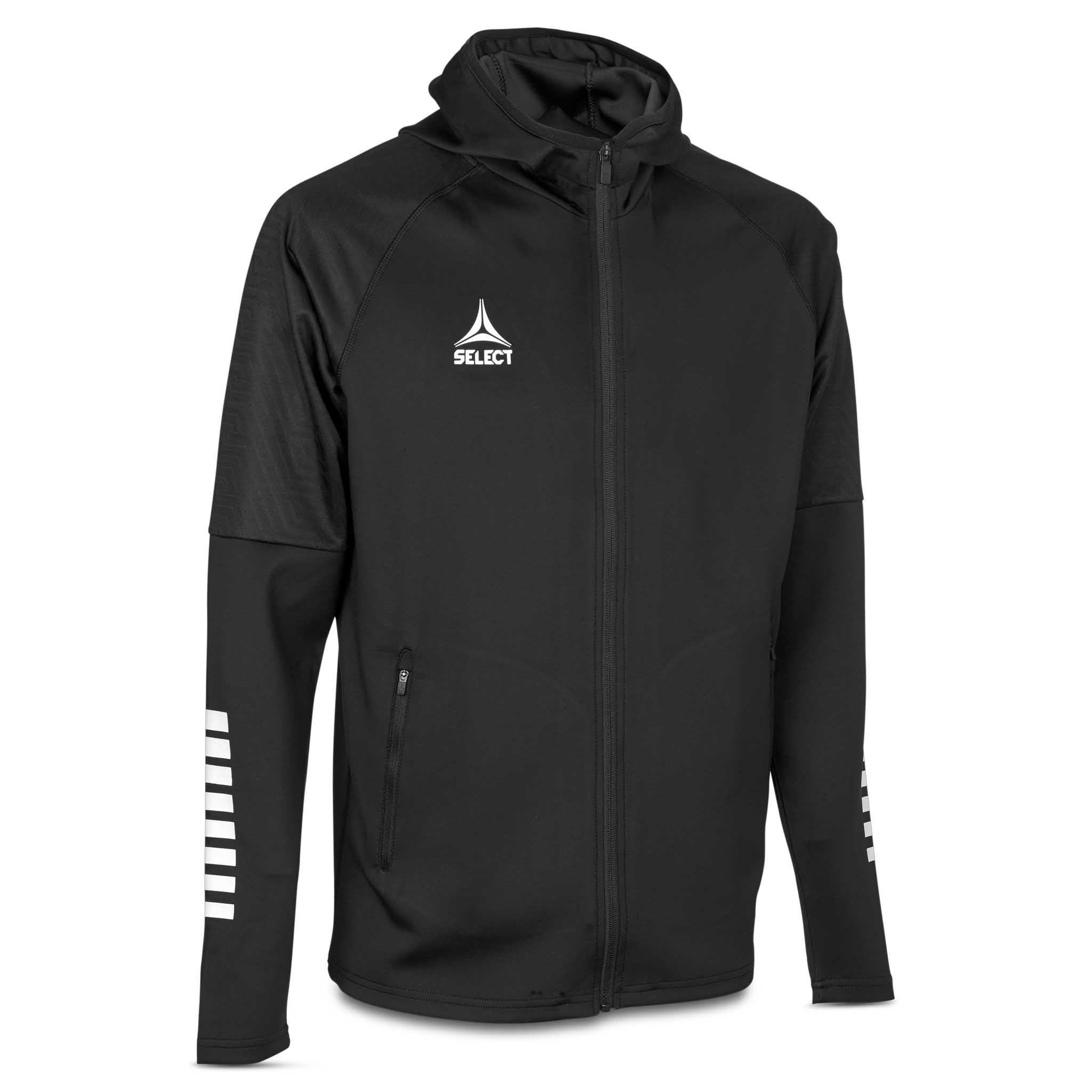 Forside av sort Zip hoodie Monaco v24, Match & Training wear, med hvit logo og striper.