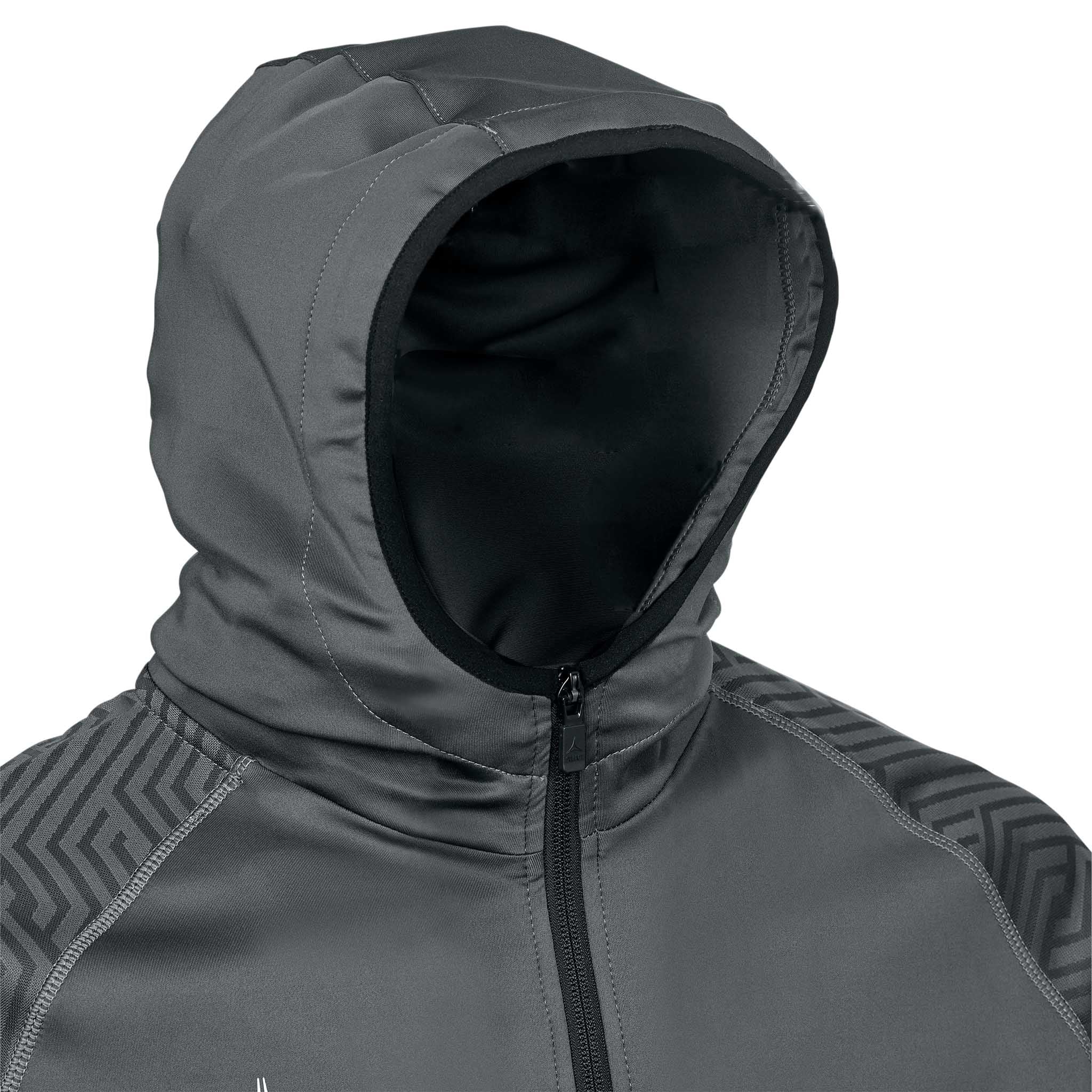 Nærbilde av grå Zip hoodie Monaco v24, Match & Training wear, viser svartfôret hette og glidelåsdetalj.