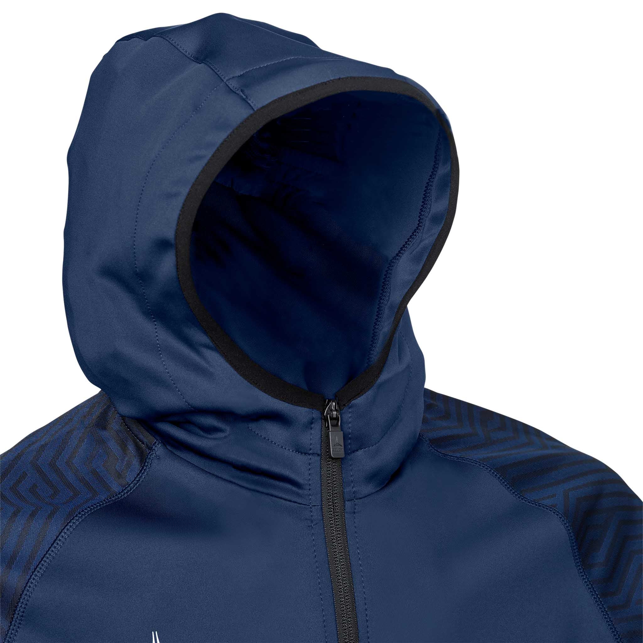 Nærbilde av marineblå Zip hoodie Monaco v24 fotballklær med hette, svart kant og glidelås foran.