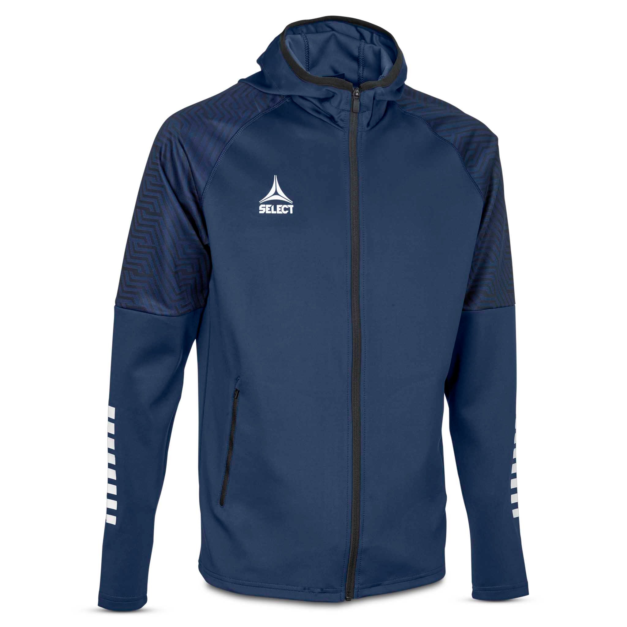 Marineblå og hvit Zip hoodie Monaco v24, kamp- og treningstøy, sett forfra med hette og glidelås