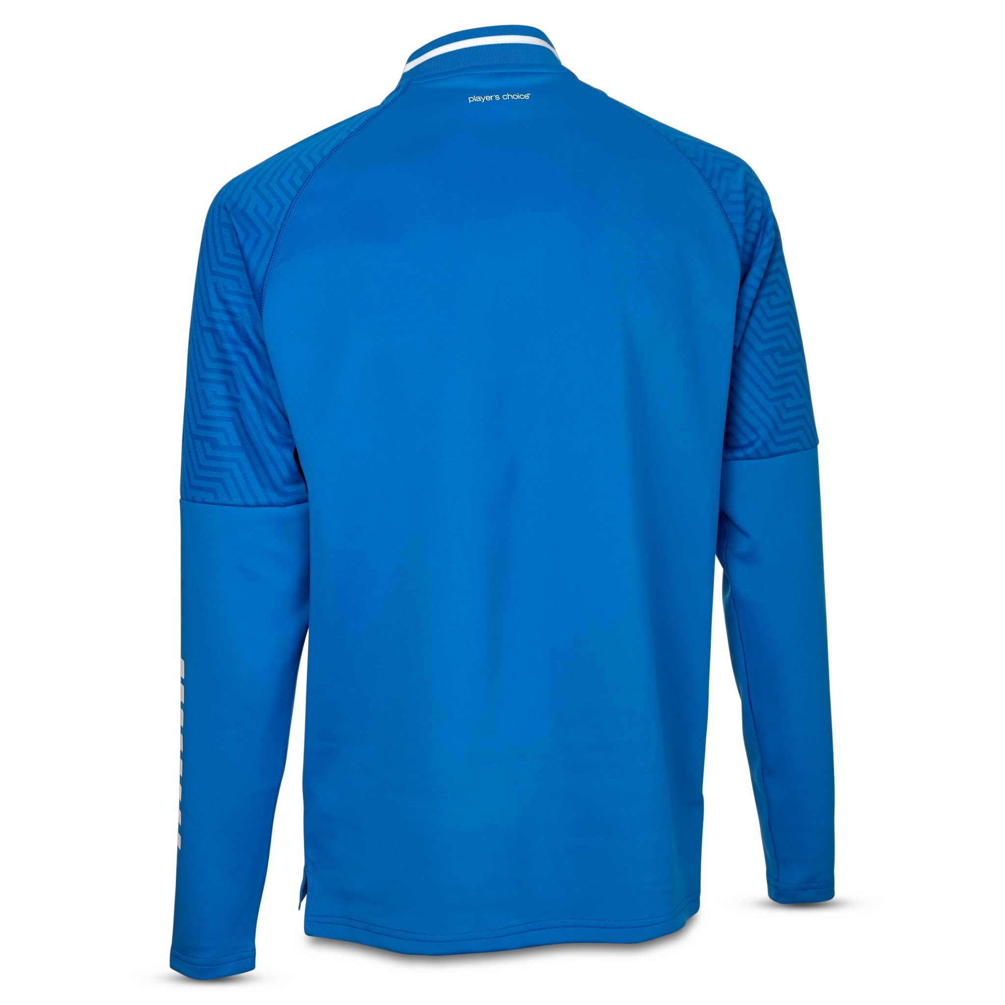 Bakside av blå og hvit Training sweat 1/2 zip Monaco v24, Match & Training wear med strukturert skulderdetalj.