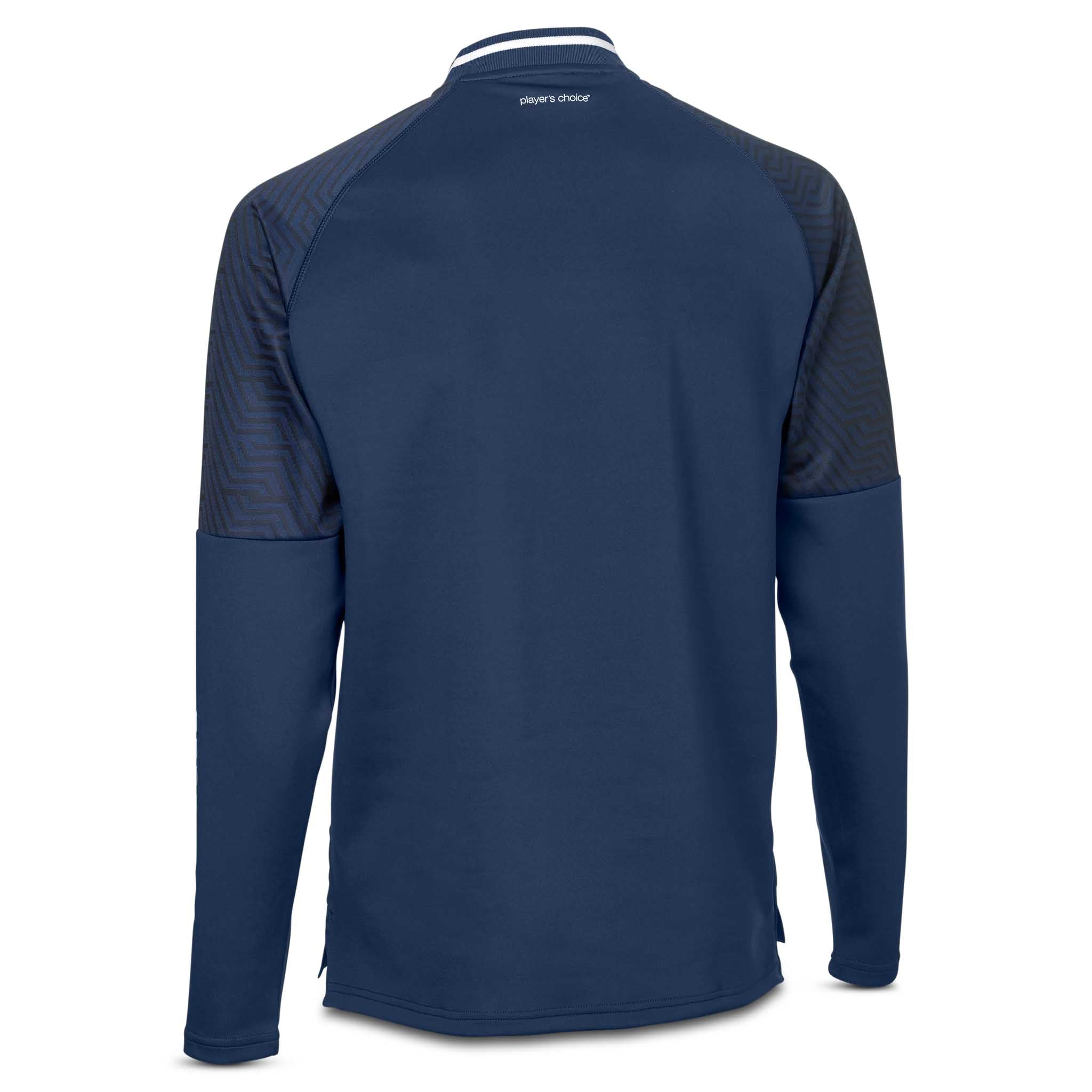 Bakside av marineblå Training sweat 1/2 zip Monaco v24, Match & Training wear, med hvit kragedetalj.