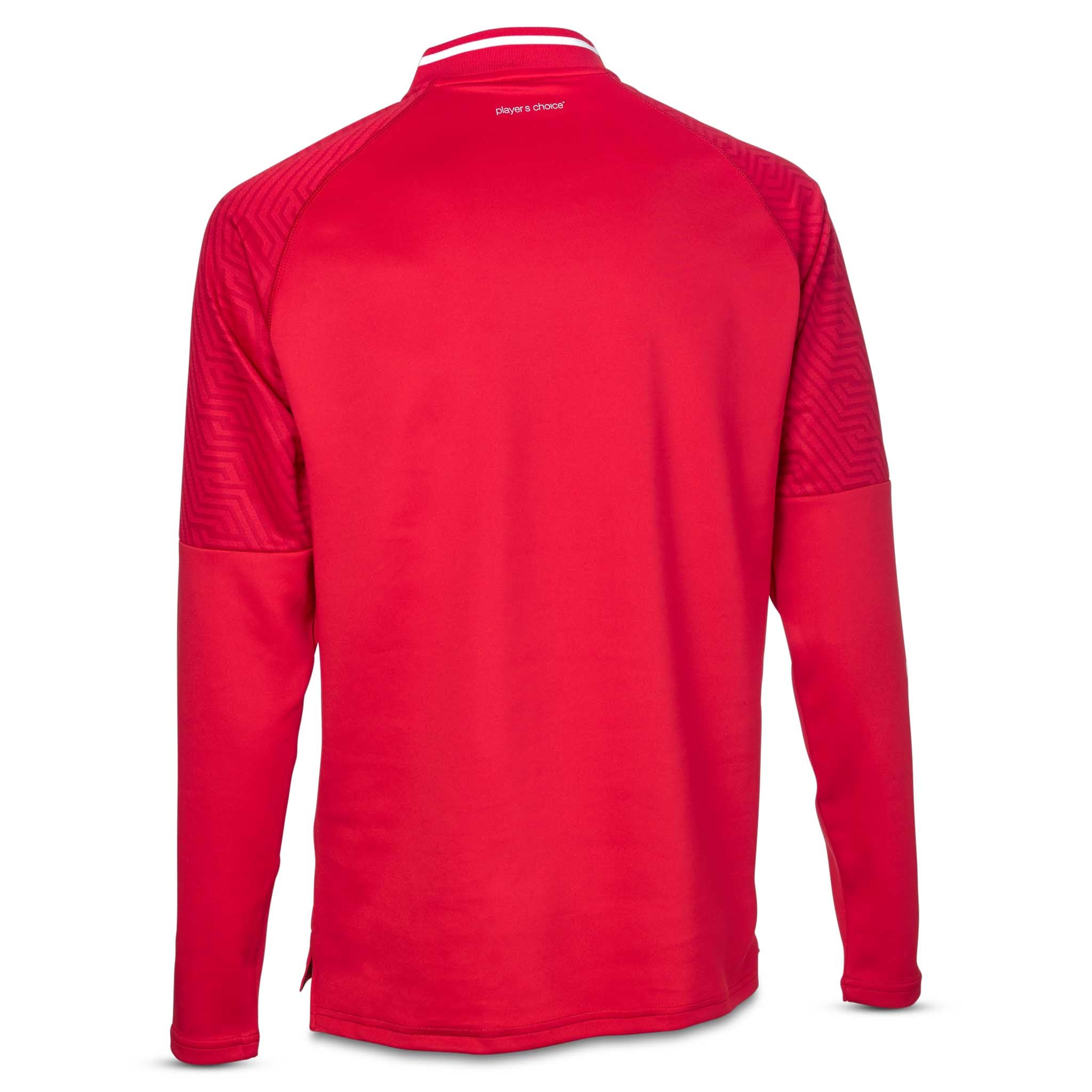 Bakside av rød Training sweat 1/2 zip Monaco v24, Kamp- & treningstøy, med hvit kragedetalj.