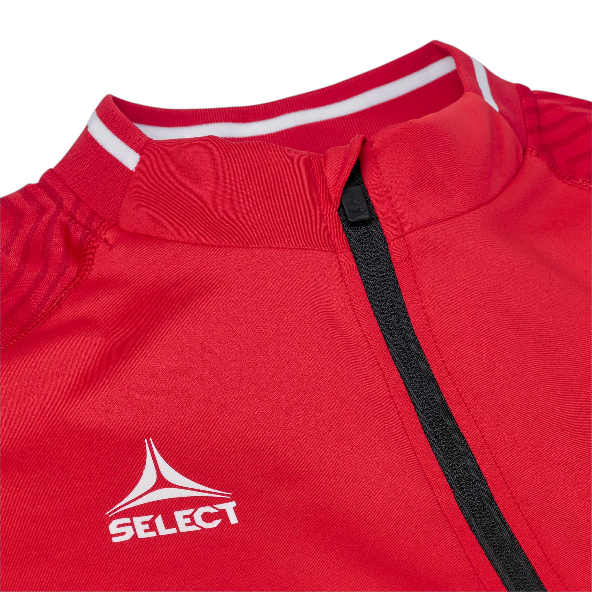 Nærbilde av rød Training sweat 1/2 zip Monaco v24, Kamp- & treningstøy, sort glidelås, hvit logo og kragekant.