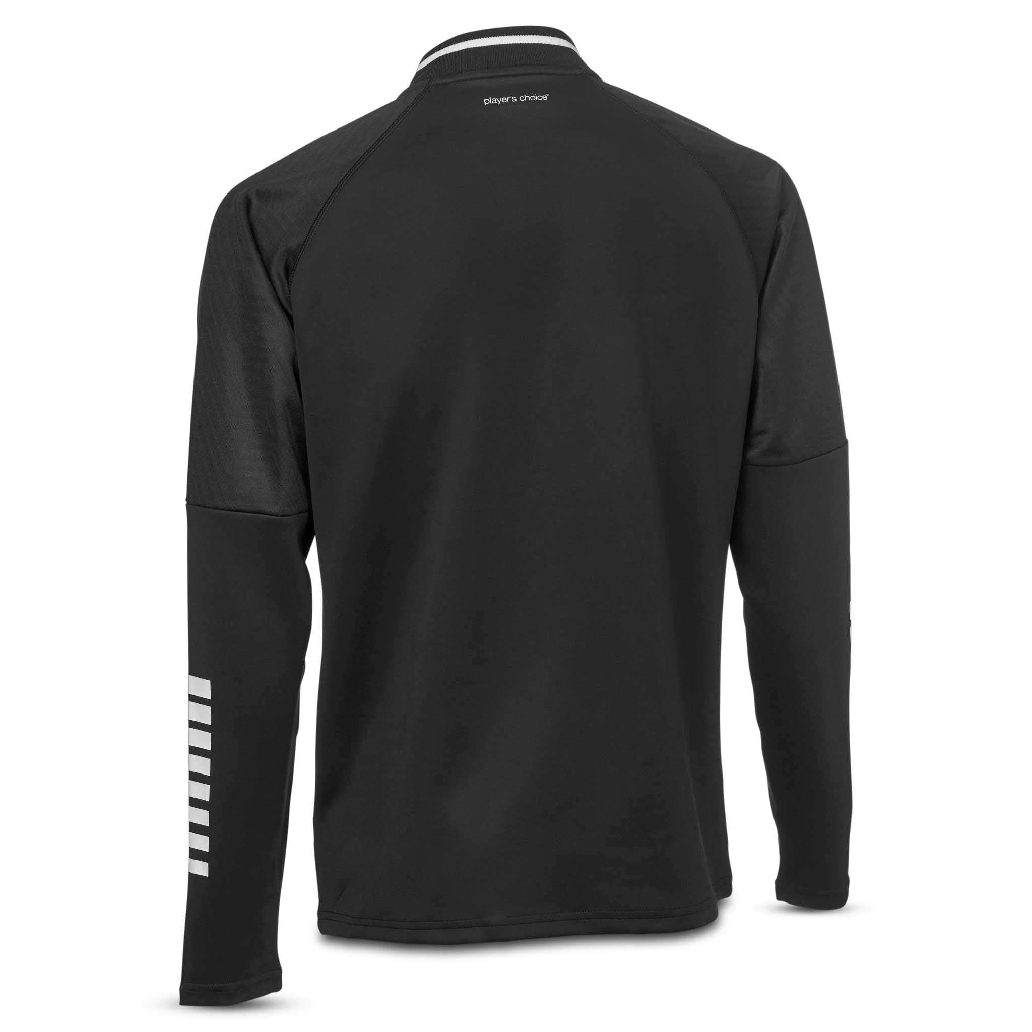 Bakside av svart Zip jacket Monaco v24, Match & Training wear, med hvite striper på ermet for fotball.
