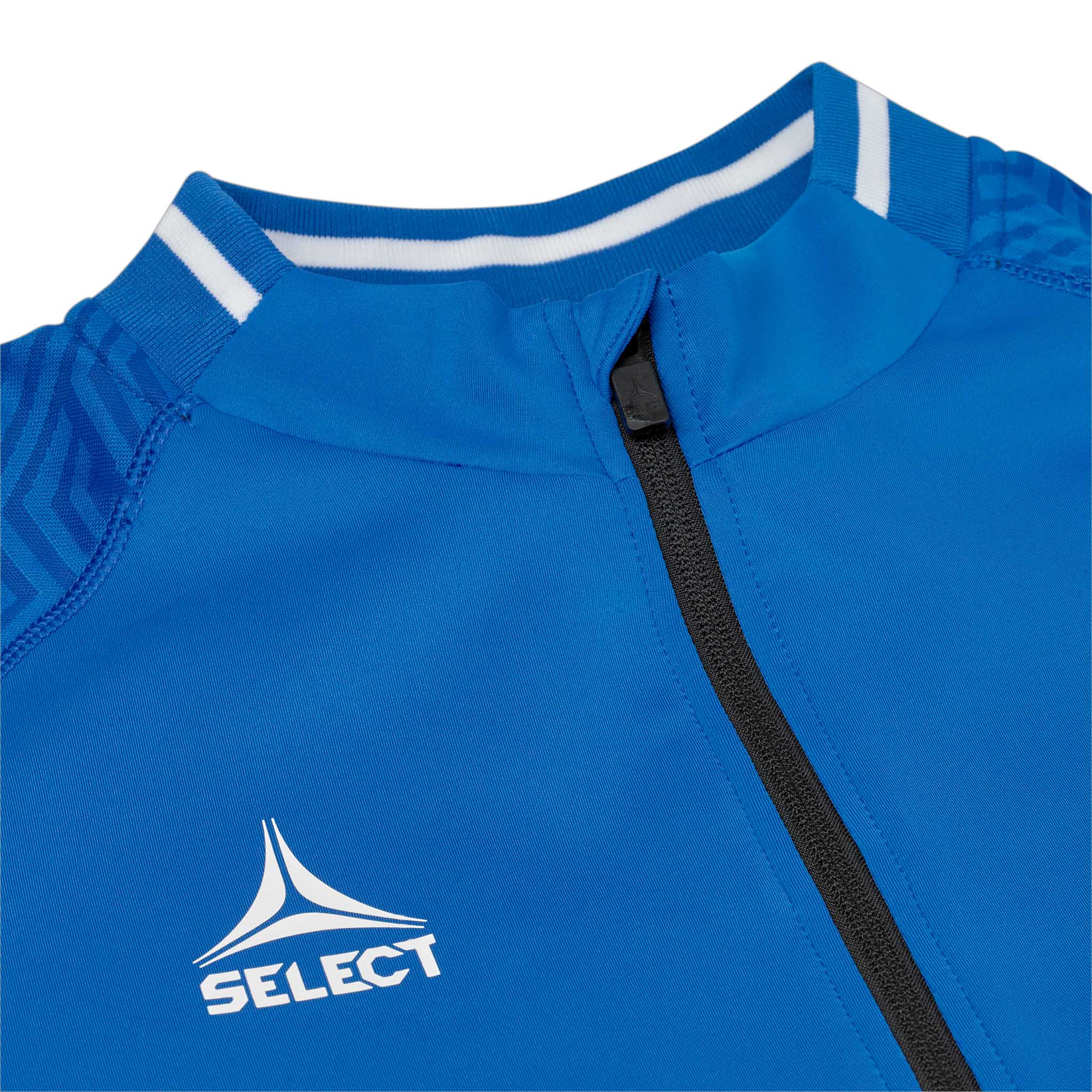 Nærbilde av blå-hvit Zip jakke Monaco v24, Match & Training wear, viser glidelås, krage og Select-logo
