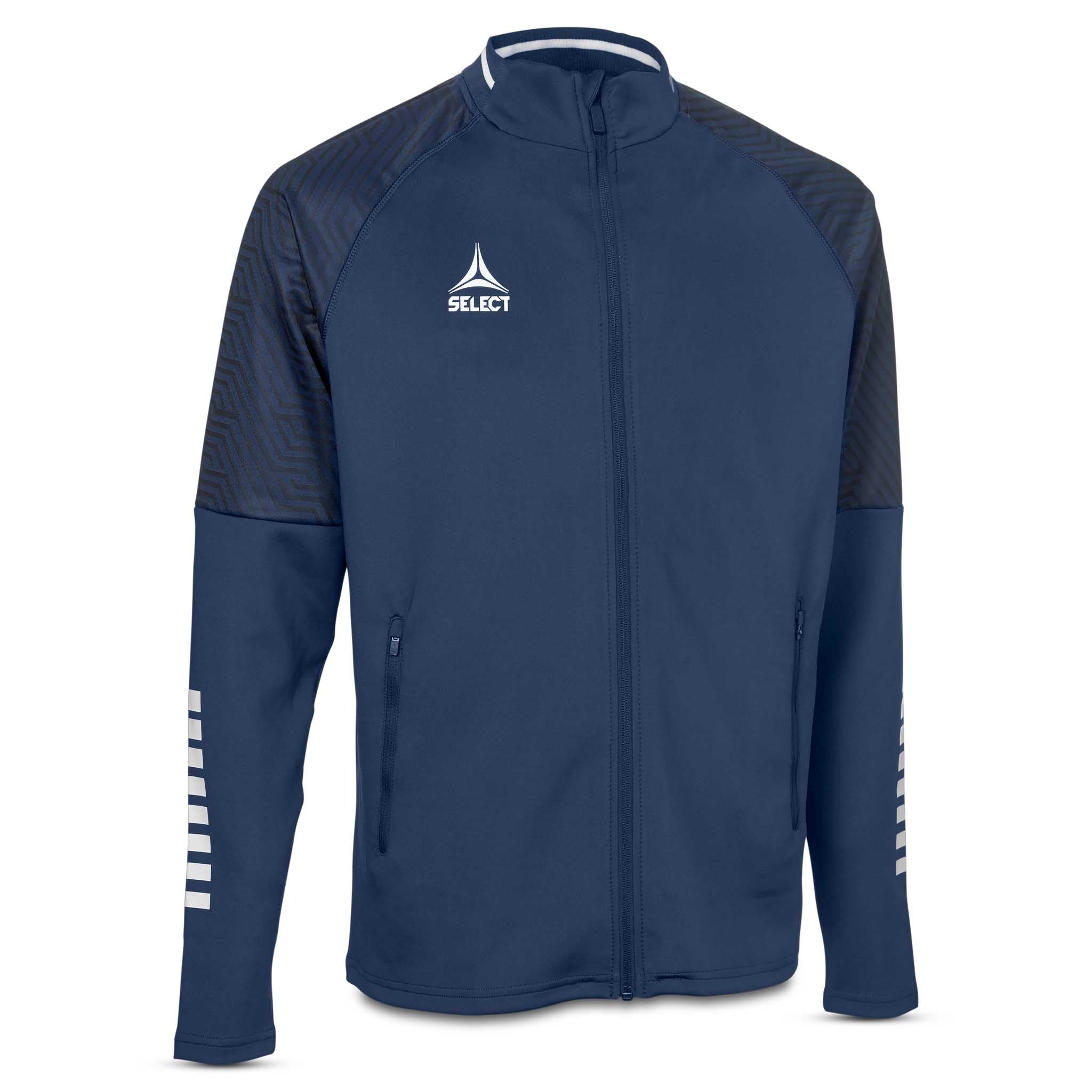 Forfra av marineblå Zip jacket Monaco v24, Match & Training wear, med hvite detaljer for fotball